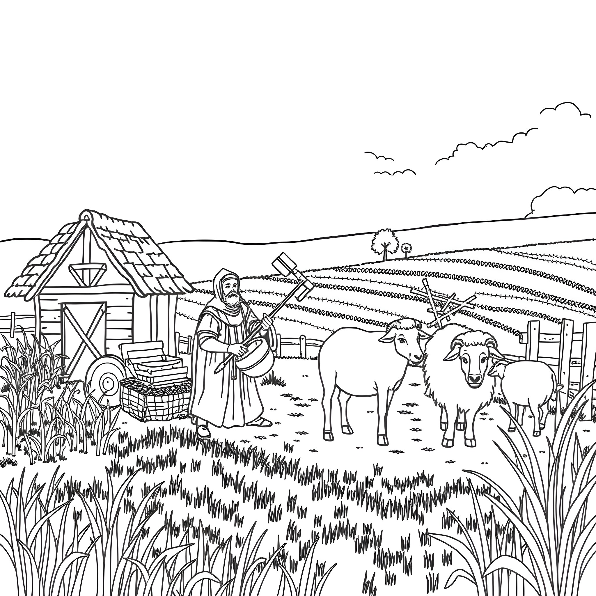 Anglo Saxon Farmer Tending to His Livestock Coloring Page (free black-and-white line drawing printable PDF for all, from beginners to advanced learners, including children, teens, adults, and seniors)