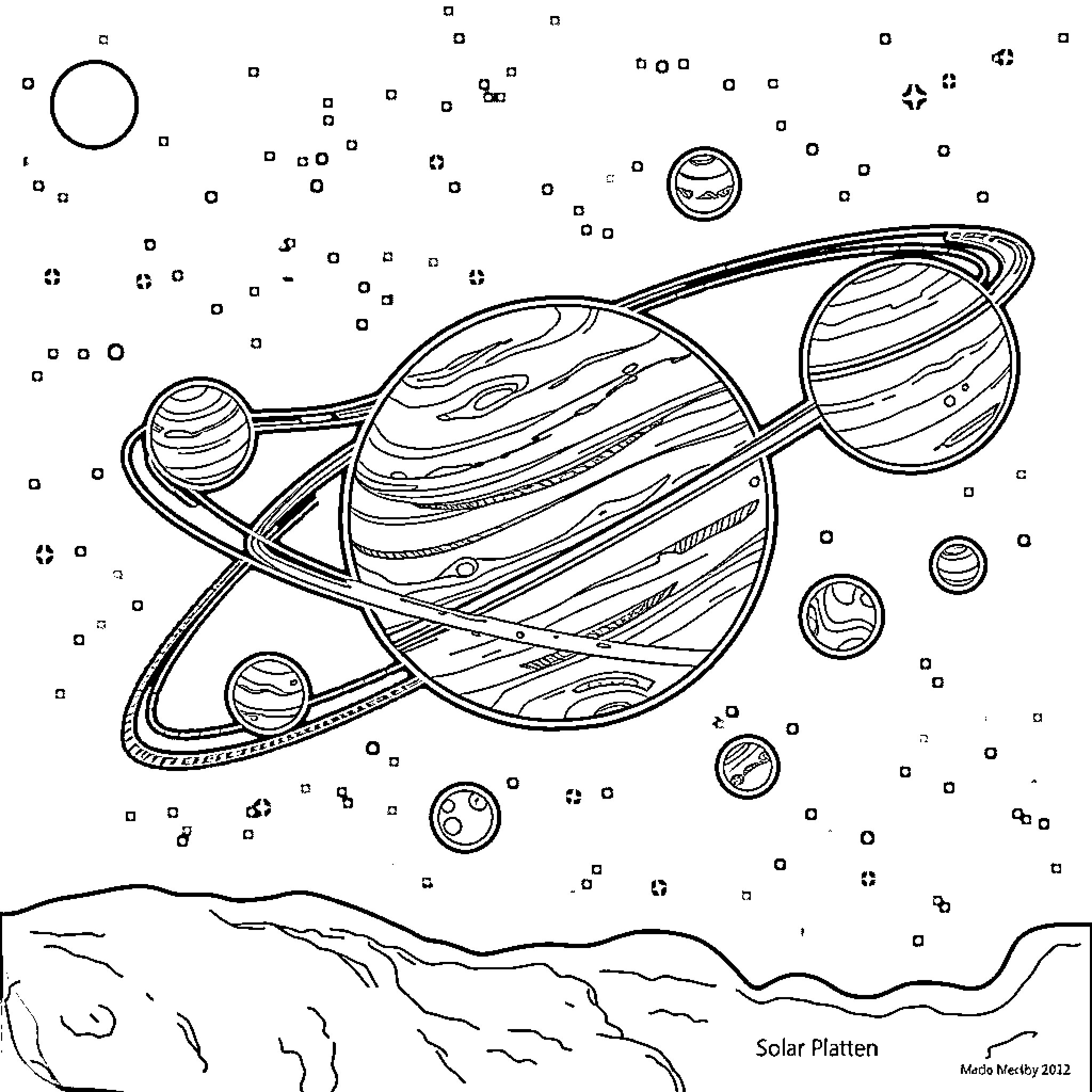 Solar System Planets in Cosmic Space Coloring Page (free black-and-white line drawing printable PDF for all, from beginners to advanced learners, including children, teens, adults, and seniors)