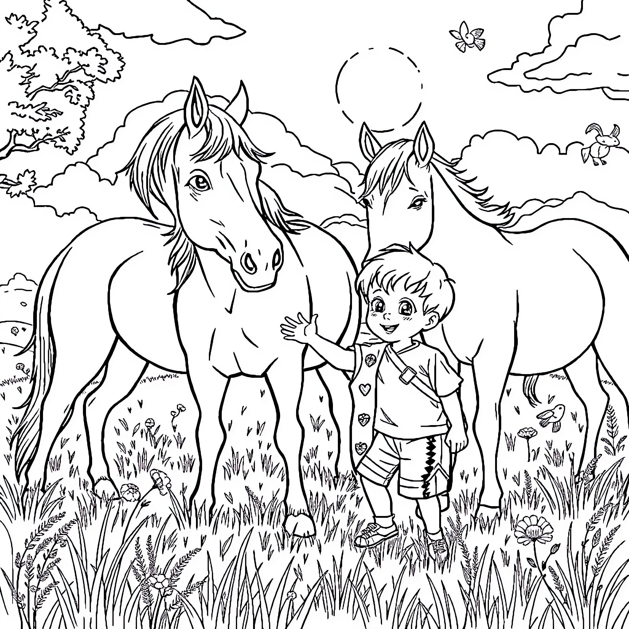 Horse and Child Exploring the Countryside Coloring Page (free black-and-white line drawing printable PDF for all, from beginners to advanced learners, including children, teens, adults, and seniors)