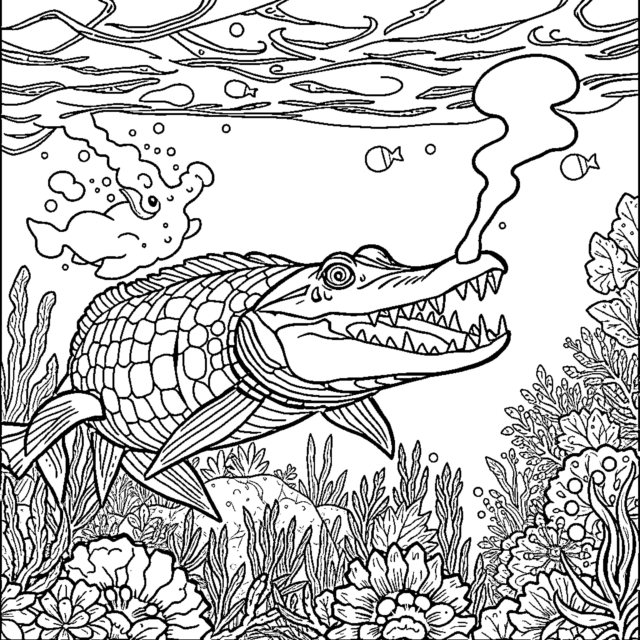 Alligator Garfish swimming underwater among sea plants Coloring Page (free black-and-white line drawing printable PDF for all, from beginners to advanced learners, including children, teens, adults, and seniors)