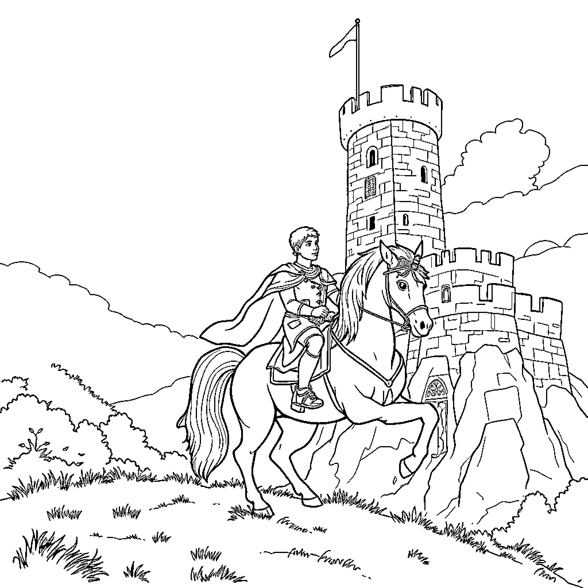 Prince on horseback at medieval castle Coloring Page (free black-and-white line drawing printable PDF for all, from beginners to advanced learners, including children, teens, adults, and seniors)
