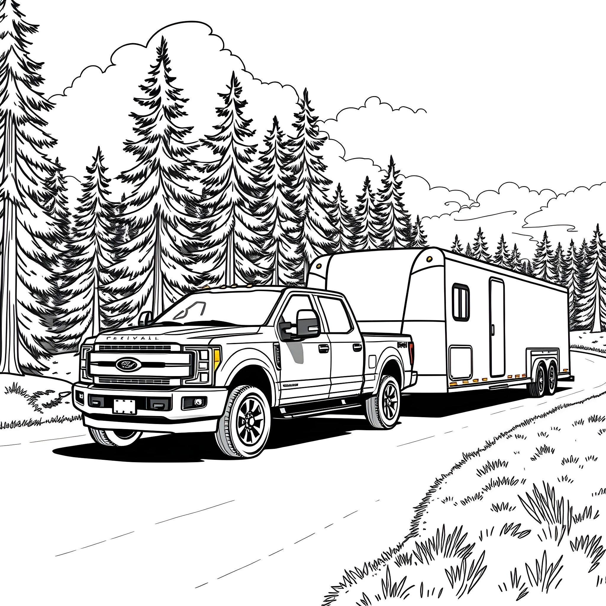 Pickup Truck Towing Camper in Forested Landscape Coloring Page (free black-and-white line drawing printable PDF for all, from beginners to advanced learners, including children, teens, adults, and seniors)
