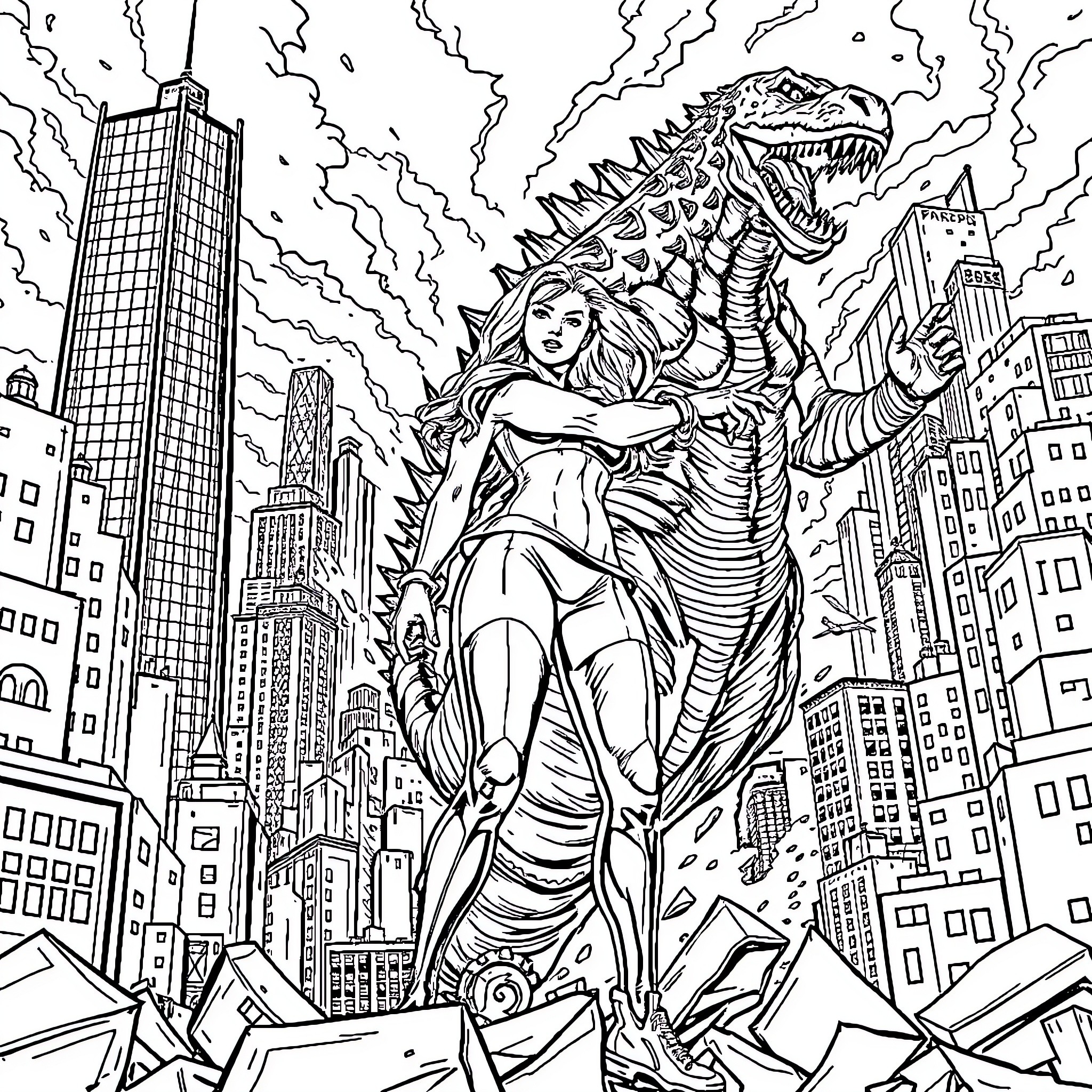 Ashley Graham Facing a Towering Monster in the City Coloring Page (free black-and-white line drawing printable PDF for all, from beginners to advanced learners, including children, teens, adults, and seniors)