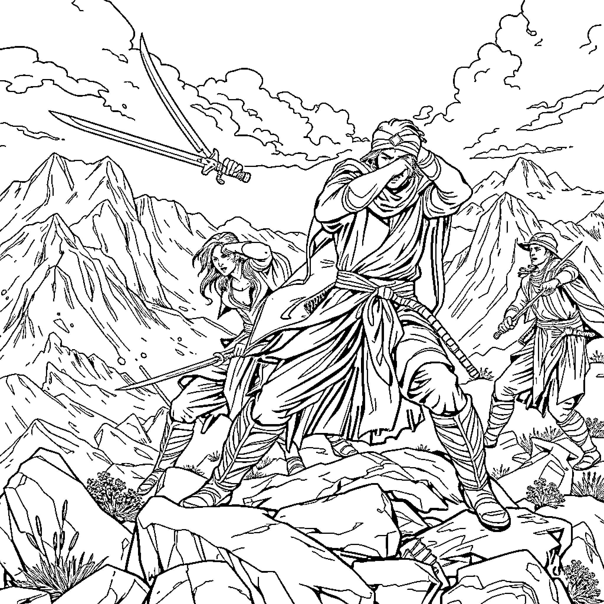 Man battling enemies with sword amidst mountainous landscape Coloring Page (free black-and-white line drawing printable PDF for all, from beginners to advanced learners, including children, teens, adults, and seniors)