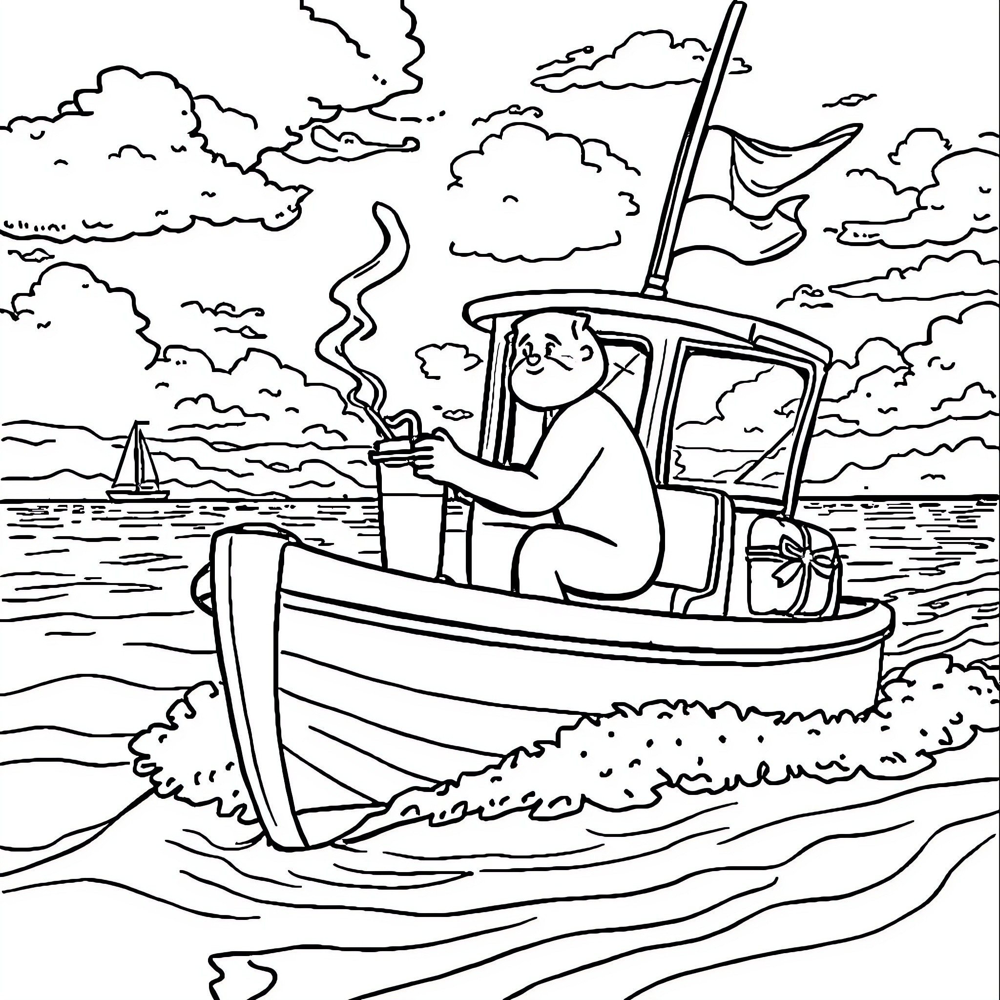 Balerino fisherman sails on a tranquil sea Coloring Page (free black-and-white line drawing printable PDF for all, from beginners to advanced learners, including children, teens, adults, and seniors)