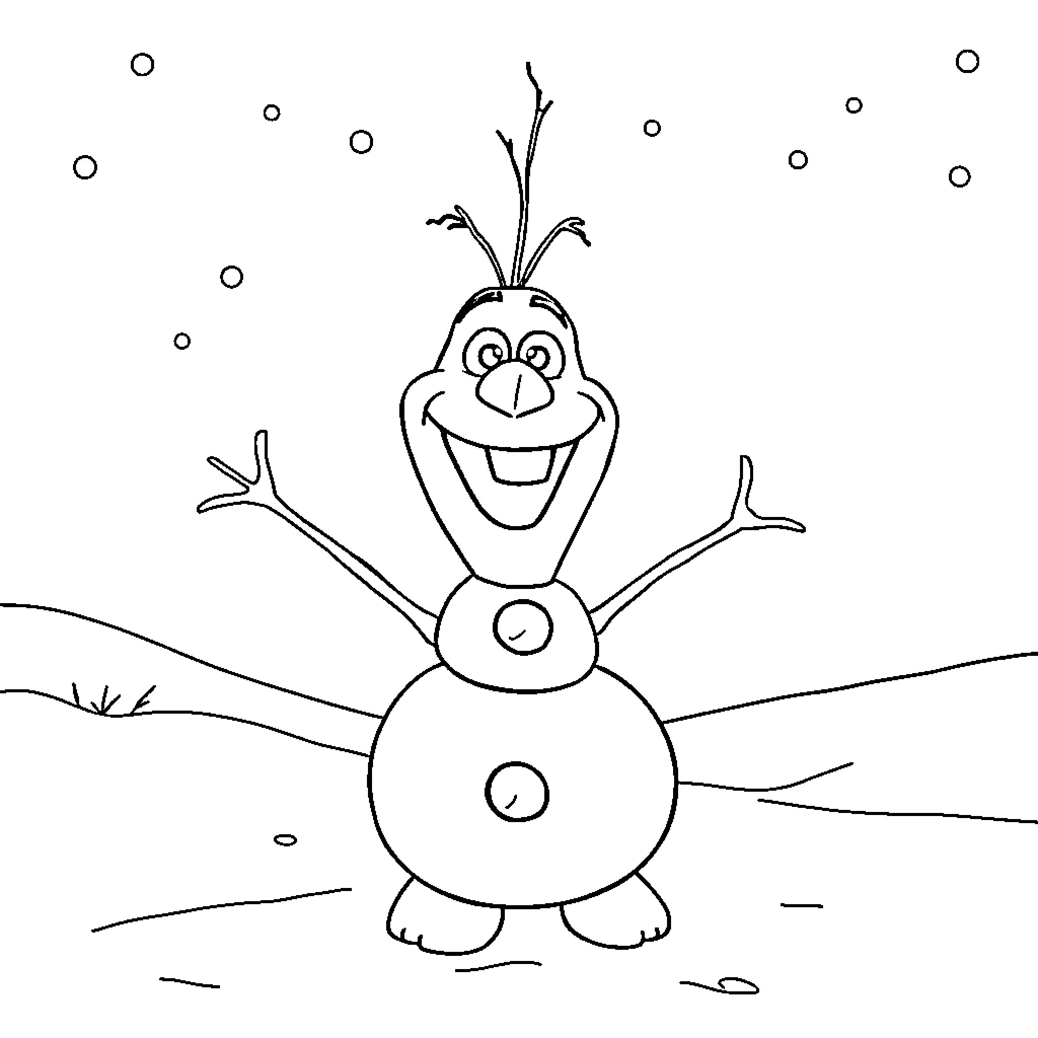 Olaf the Snowman Joyfully Embracing Winter Coloring Page (free black-and-white line drawing printable PDF for all, from beginners to advanced learners, including children, teens, adults, and seniors)