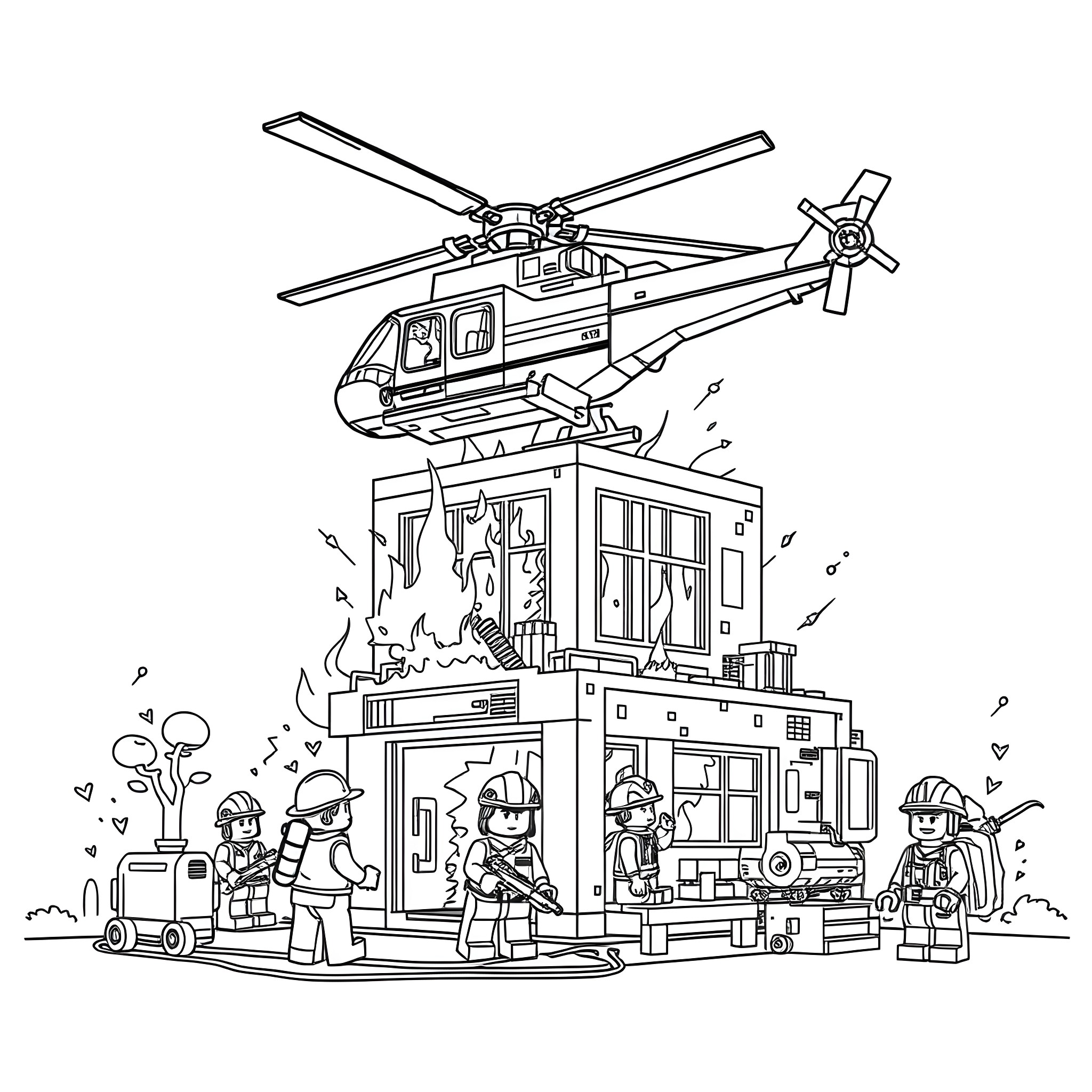 Helicopter rescue operation in a disaster scene Coloring Page (free black-and-white line drawing printable PDF for all, from beginners to advanced learners, including children, teens, adults, and seniors)