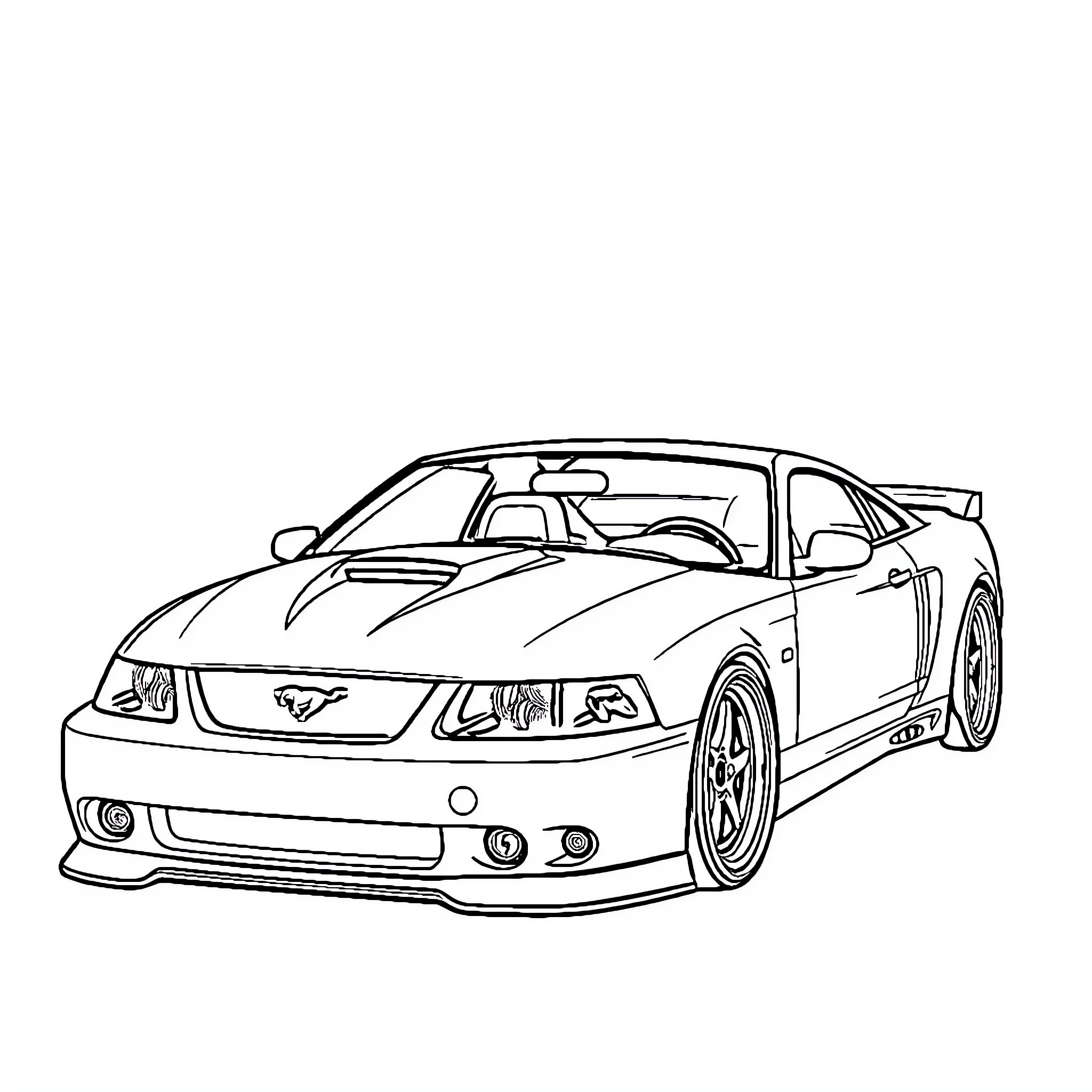 Mach 1 Mustang in racing stance Coloring Page (free black-and-white line drawing printable PDF for all, from beginners to advanced learners, including children, teens, adults, and seniors)