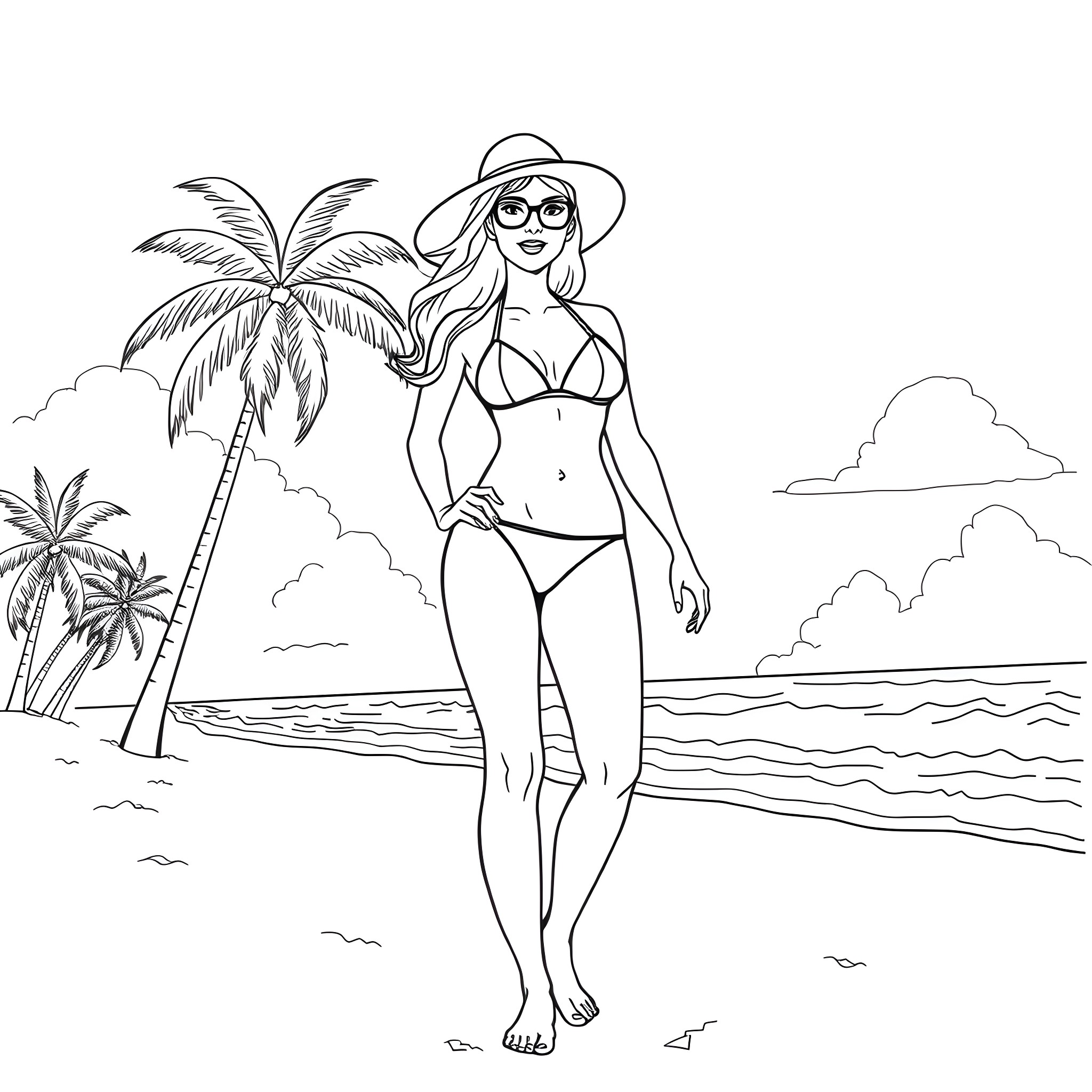 Lifeguard enjoying the beach in swimwear Coloring Page (free black-and-white line drawing printable PDF for all, from beginners to advanced learners, including children, teens, adults, and seniors)