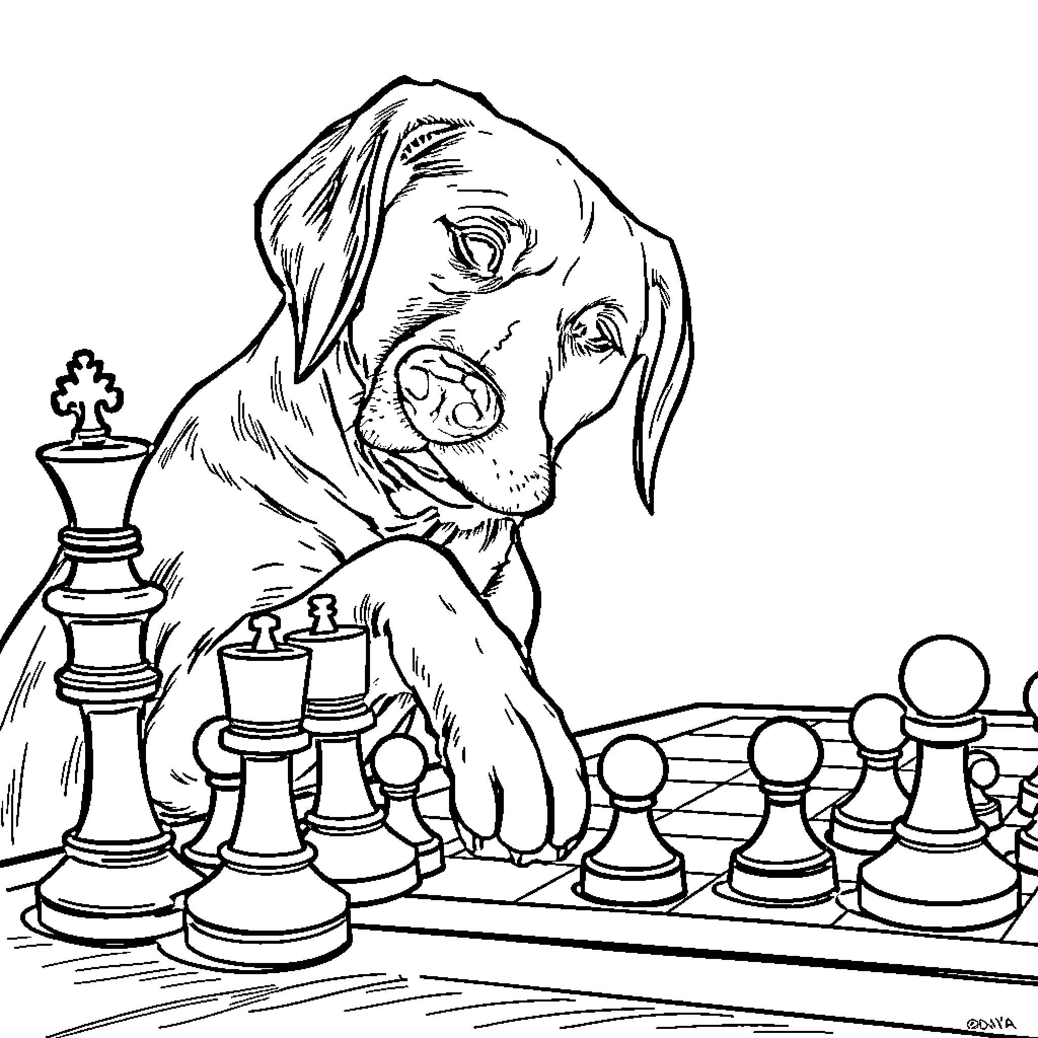 Dog playing with chess pieces on the board Coloring Page (free black-and-white line drawing printable PDF for all, from beginners to advanced learners, including children, teens, adults, and seniors)