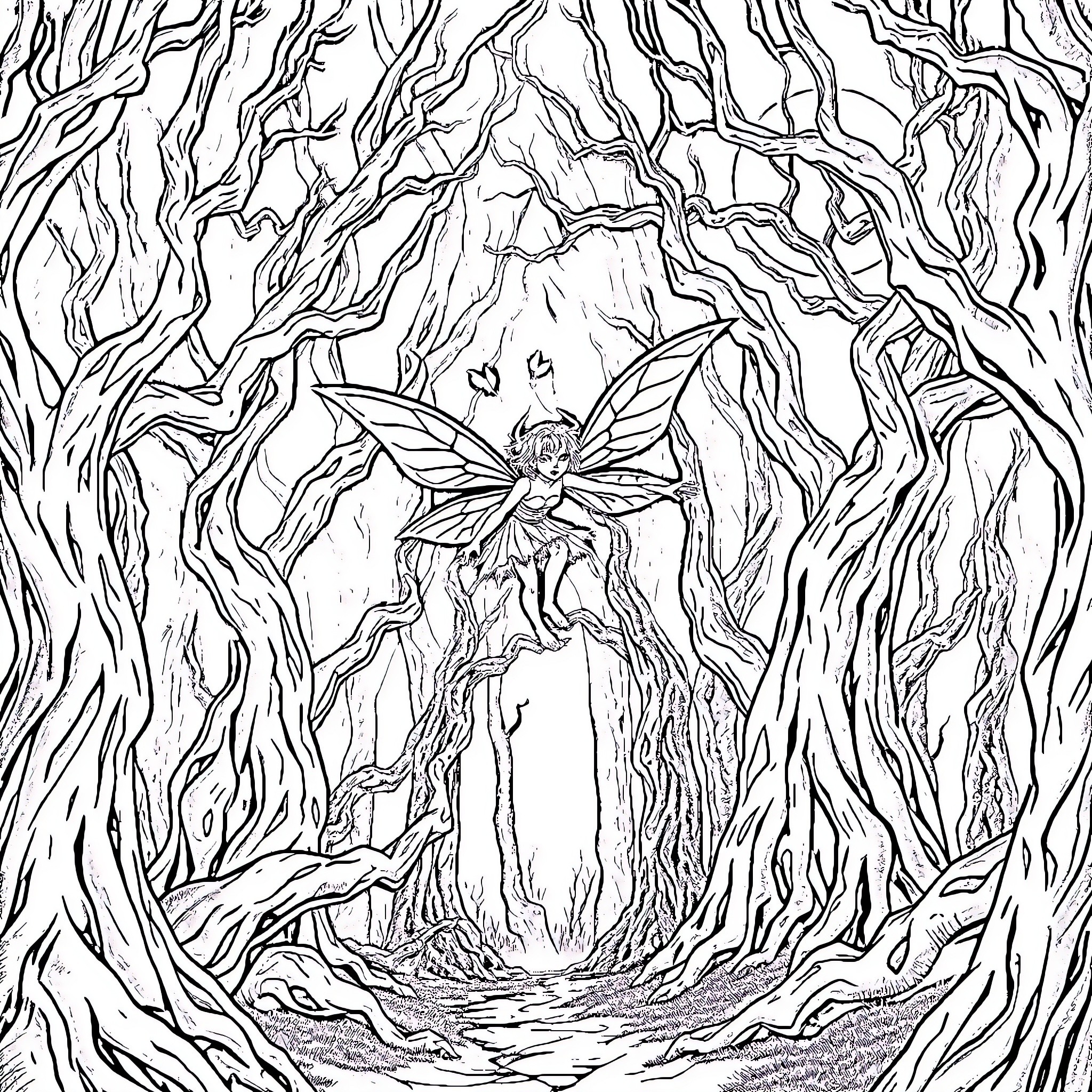 Fairy dancing amidst enchanted forest Coloring Page (free black-and-white line drawing printable PDF for all, from beginners to advanced learners, including children, teens, adults, and seniors)