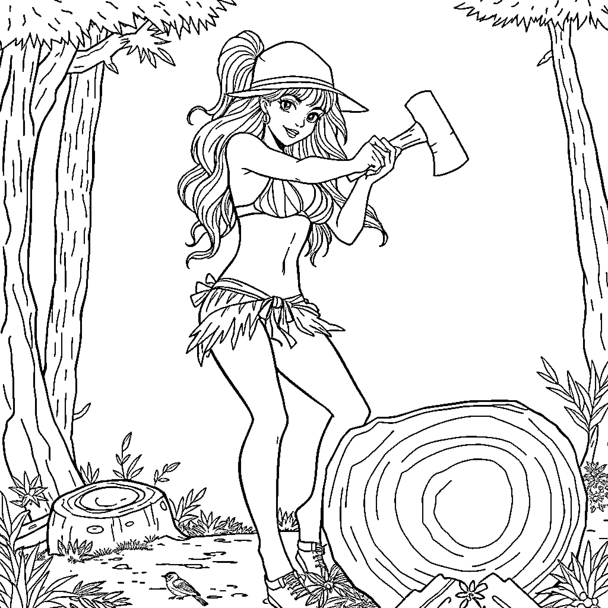 Girl exploring the wilderness with an axe Coloring Page (free black-and-white line drawing printable PDF for all, from beginners to advanced learners, including children, teens, adults, and seniors)