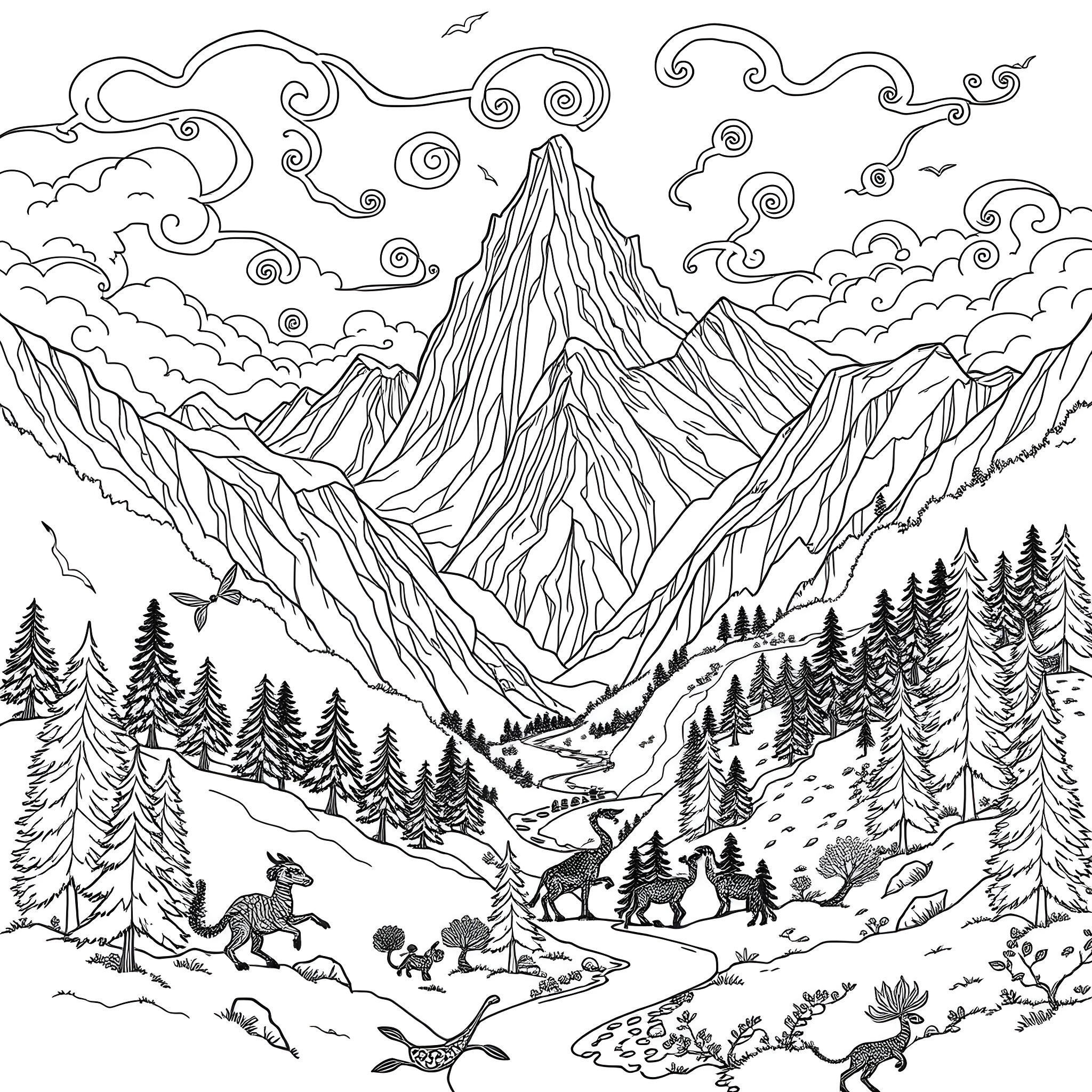Nature's Wondrous Landscape with Mountainous Terrain and Wildlife Coloring Page (free black-and-white line drawing printable PDF for all, from beginners to advanced learners, including children, teens, adults, and seniors)