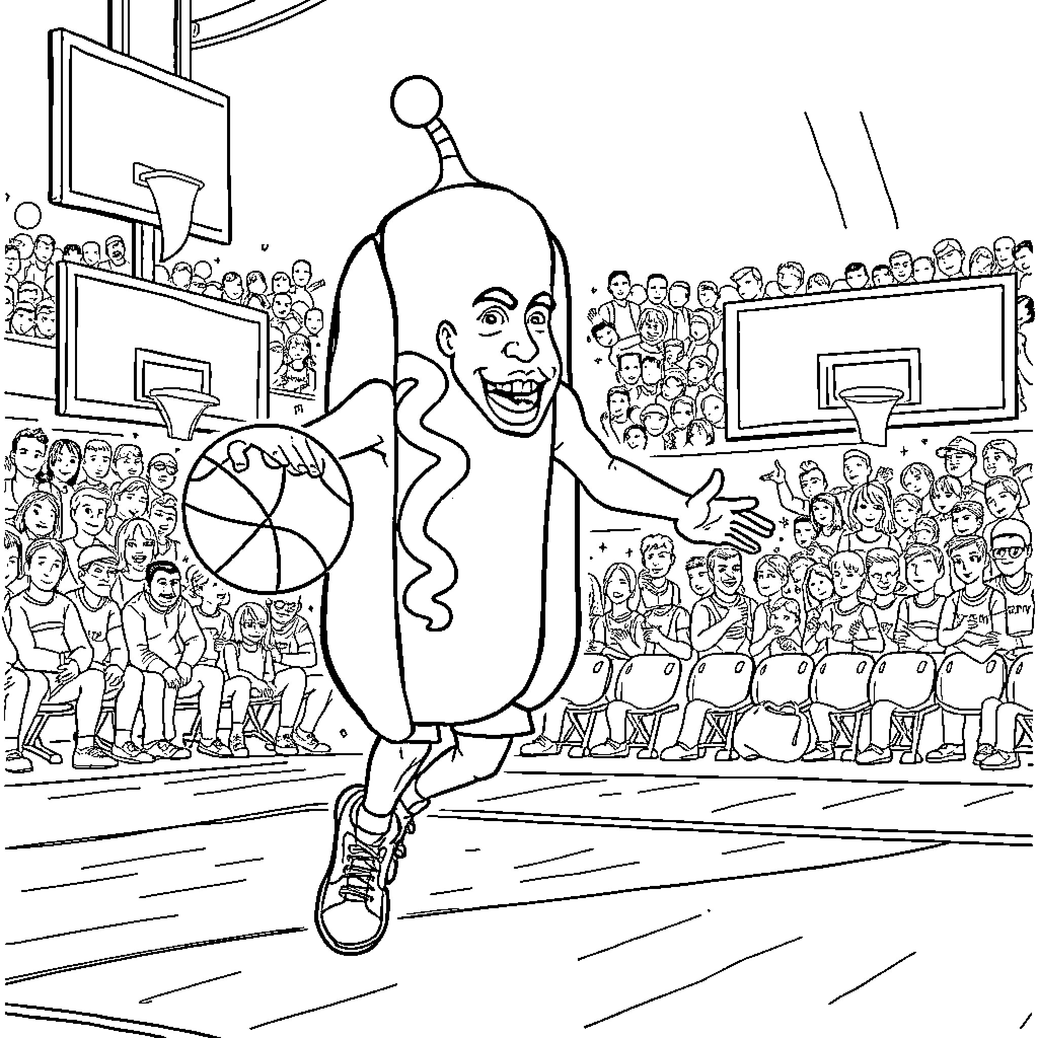 Man playing basketball energetically on court Coloring Page (free black-and-white line drawing printable PDF for all, from beginners to advanced learners, including children, teens, adults, and seniors)