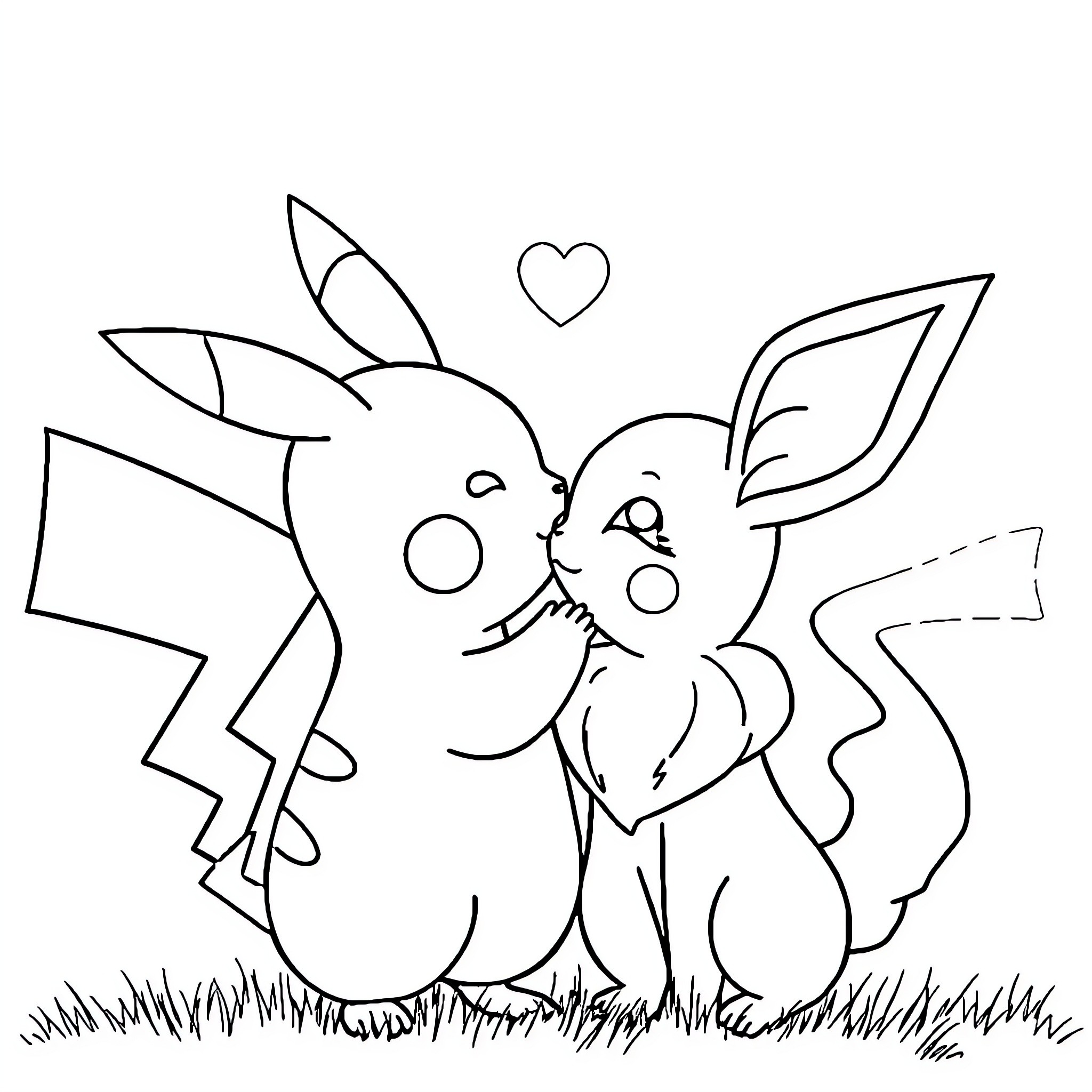 Pikachu and Eevee sharing a tender moment Coloring Page (free black-and-white line drawing printable PDF for all, from beginners to advanced learners, including children, teens, adults, and seniors)