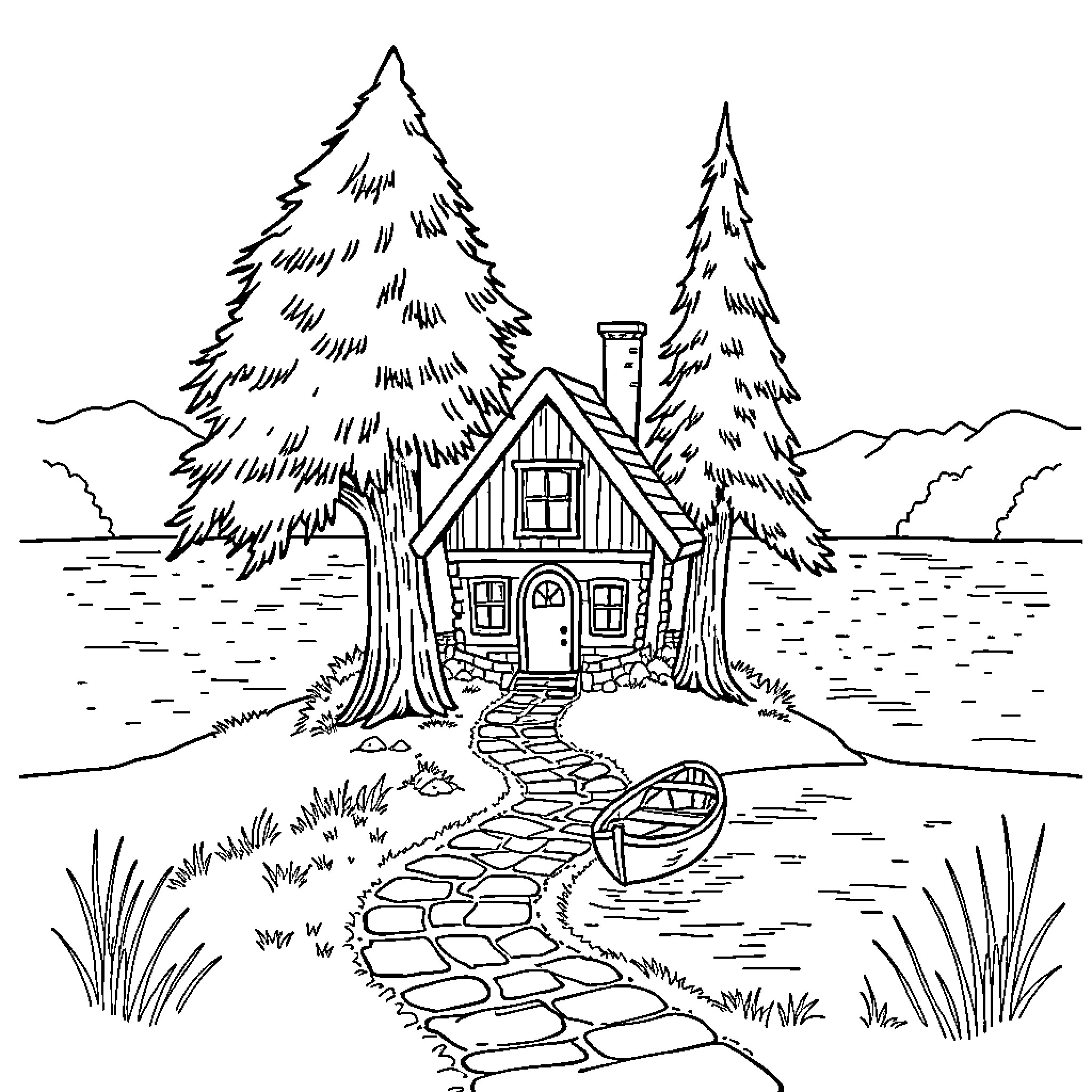 House in the Woods with Cozy Cabin Retreat Coloring Page (free black-and-white line drawing printable PDF for all, from beginners to advanced learners, including children, teens, adults, and seniors)