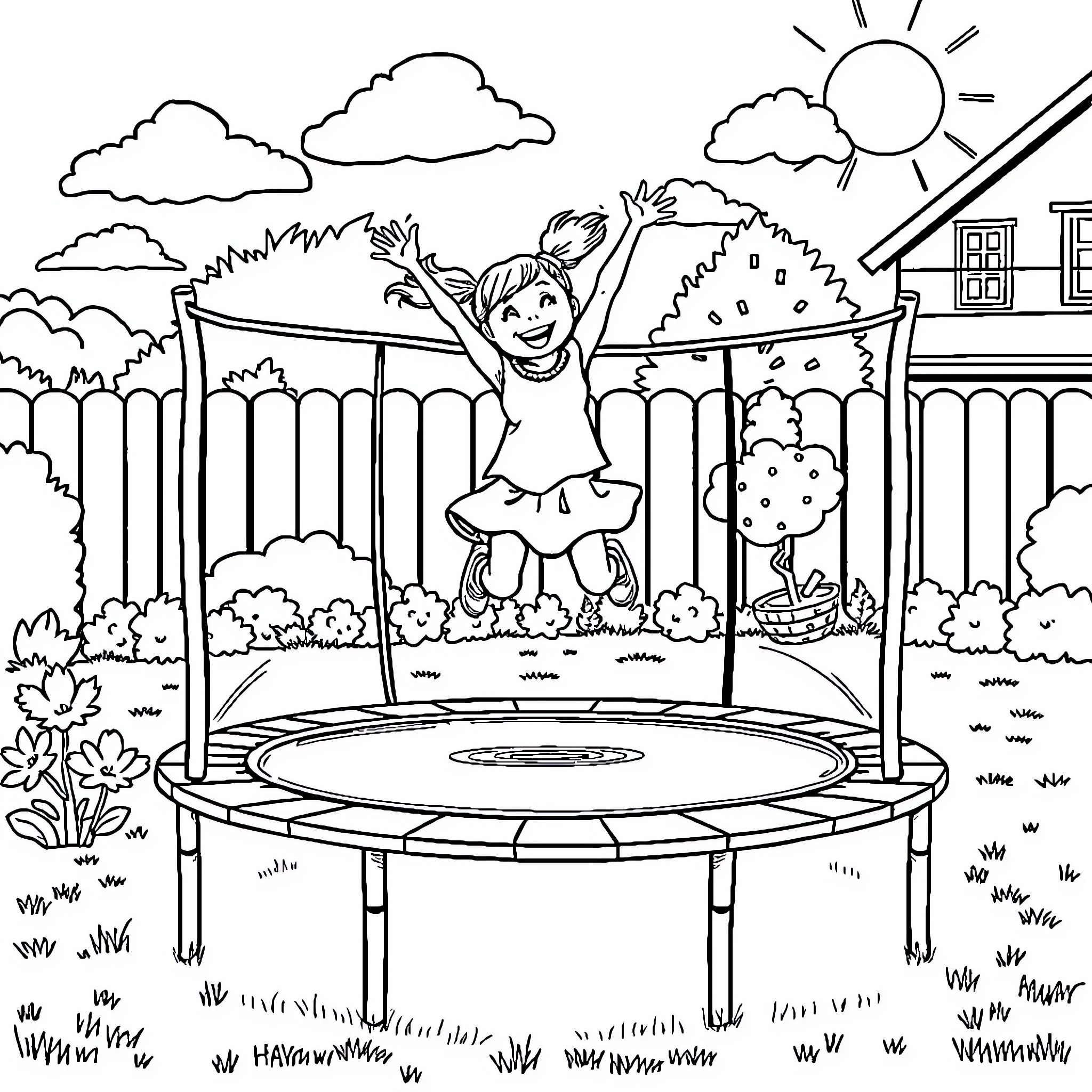 Girl joyfully jumping on trampoline in backyard Coloring Page (free black-and-white line drawing printable PDF for all, from beginners to advanced learners, including children, teens, adults, and seniors)