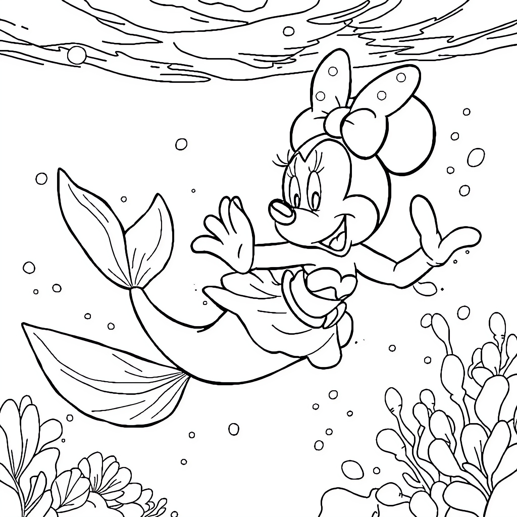 Mermaid swimming happily in the underwater world Coloring Page (free black-and-white line drawing printable PDF for all, from beginners to advanced learners, including children, teens, adults, and seniors)