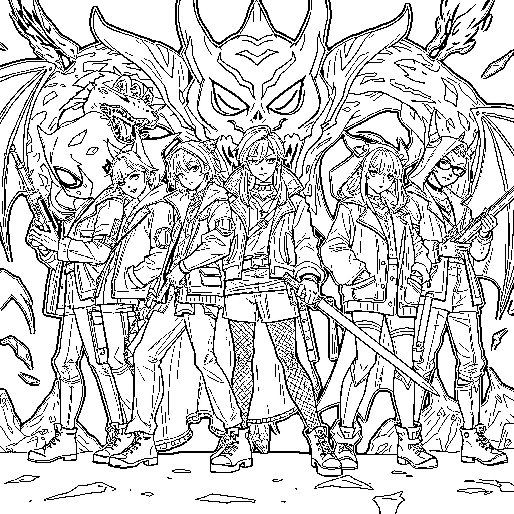 Demon Hunter Team Battling Fierce Demonic Forces Coloring Page (free black-and-white line drawing printable PDF for all, from beginners to advanced learners, including children, teens, adults, and seniors)