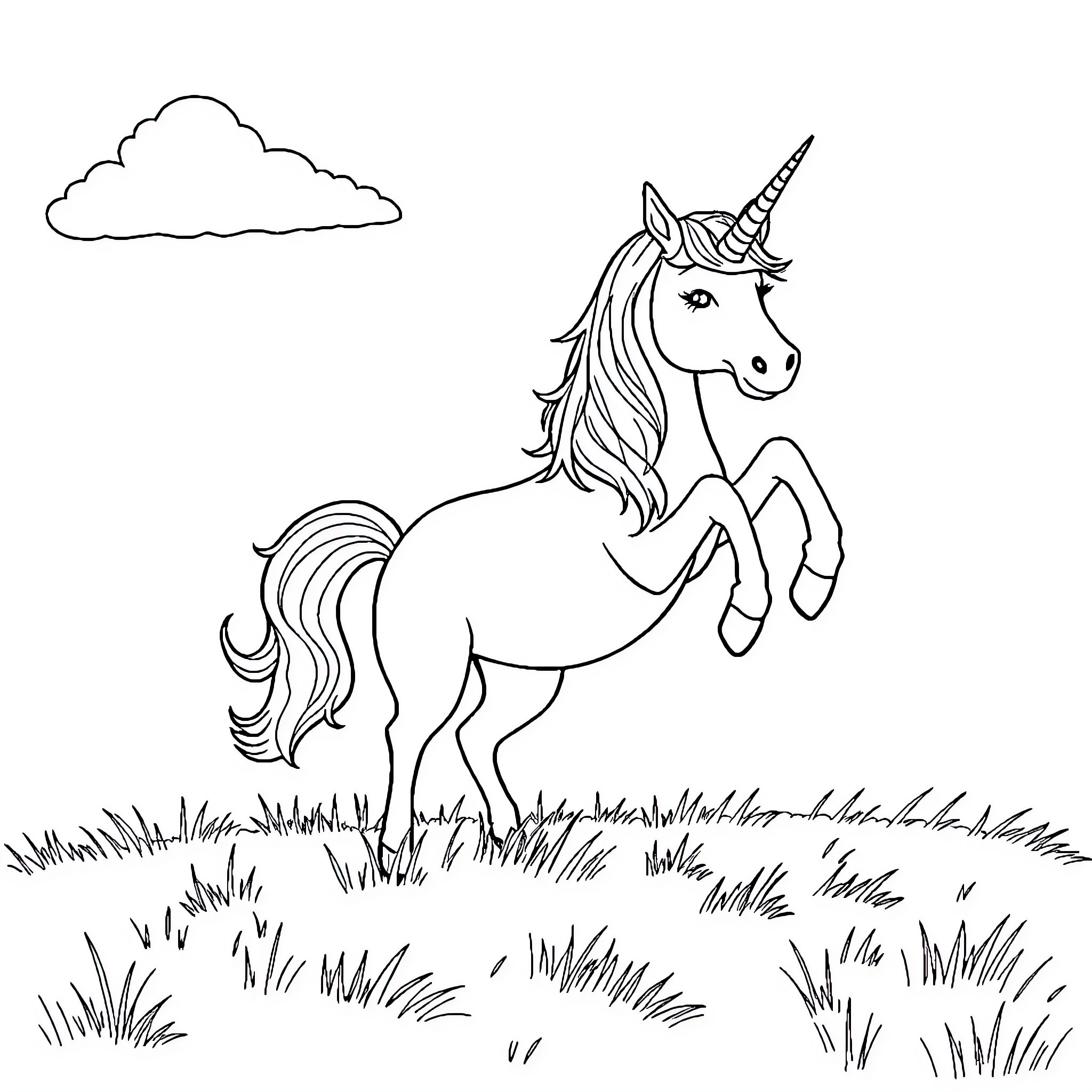 Unicorn galloping gracefully through the meadow Coloring Page (free black-and-white line drawing printable PDF for all, from beginners to advanced learners, including children, teens, adults, and seniors)