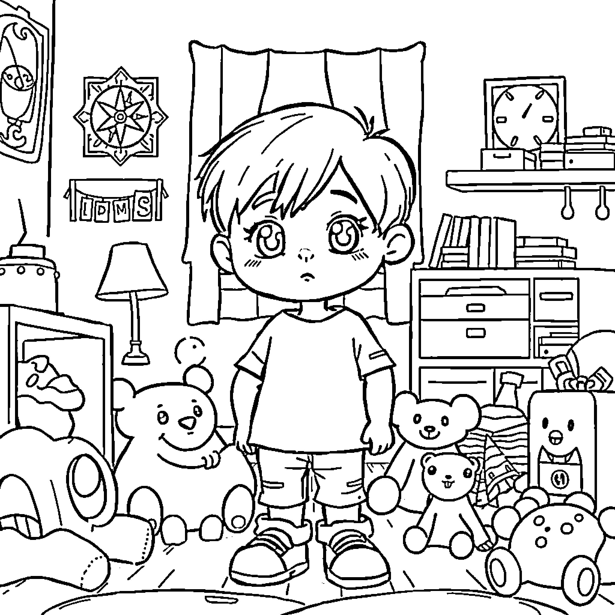 Preteen Boy Playing with Stuffed Animals in Bedroom Coloring Page (free black-and-white line drawing printable PDF for all, from beginners to advanced learners, including children, teens, adults, and seniors)