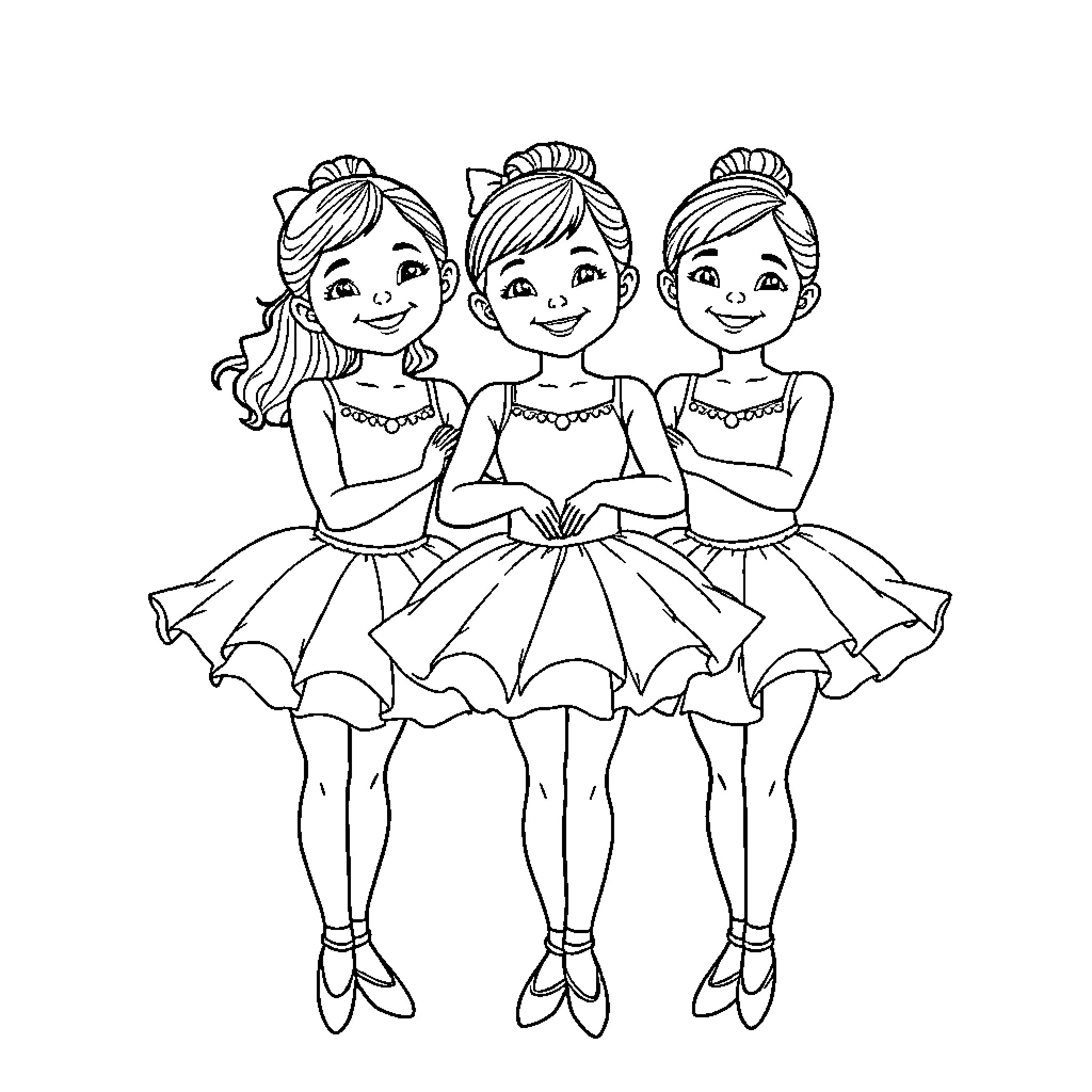Girls in Tutu Dresses Performing Ballet Coloring Page (free black-and-white line drawing printable PDF for all, from beginners to advanced learners, including children, teens, adults, and seniors)