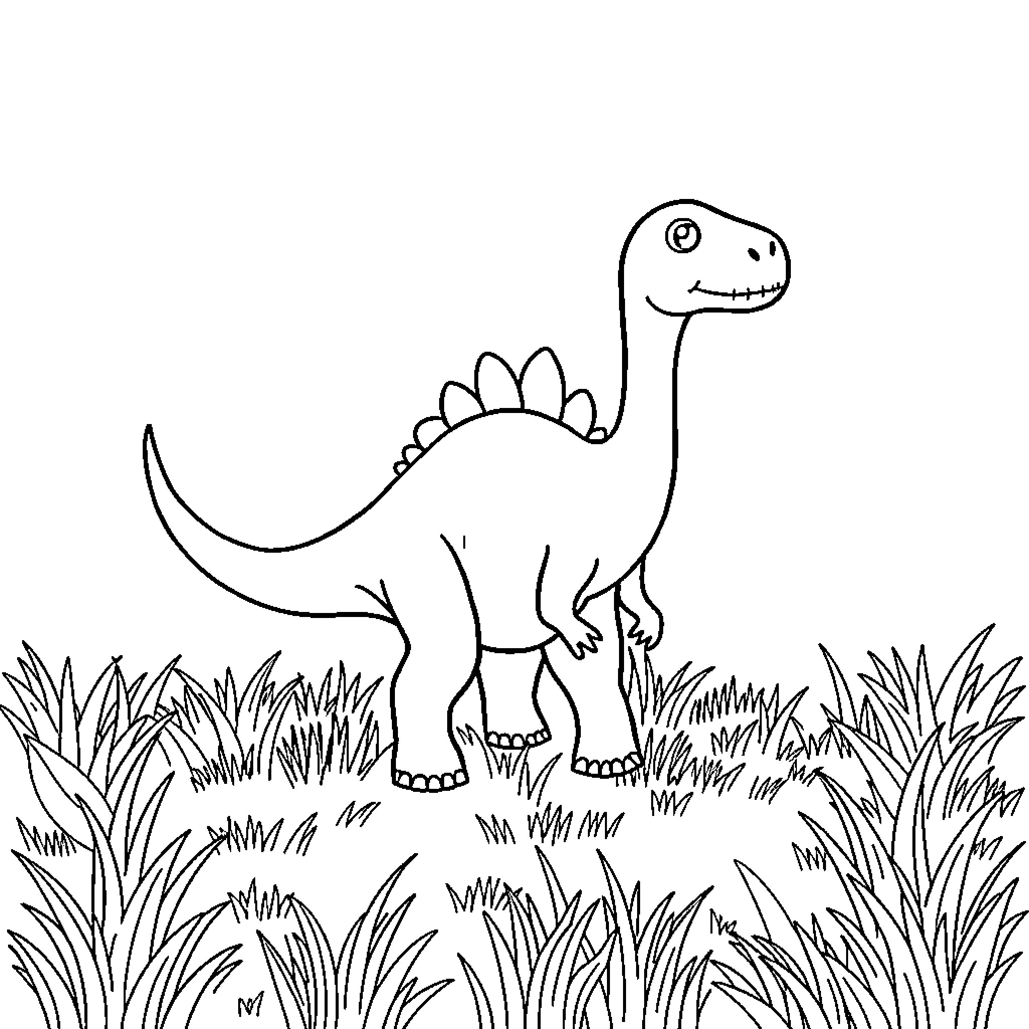 Dinosaur standing in the grass Coloring Page (free black-and-white line drawing printable PDF for all, from beginners to advanced learners, including children, teens, adults, and seniors)