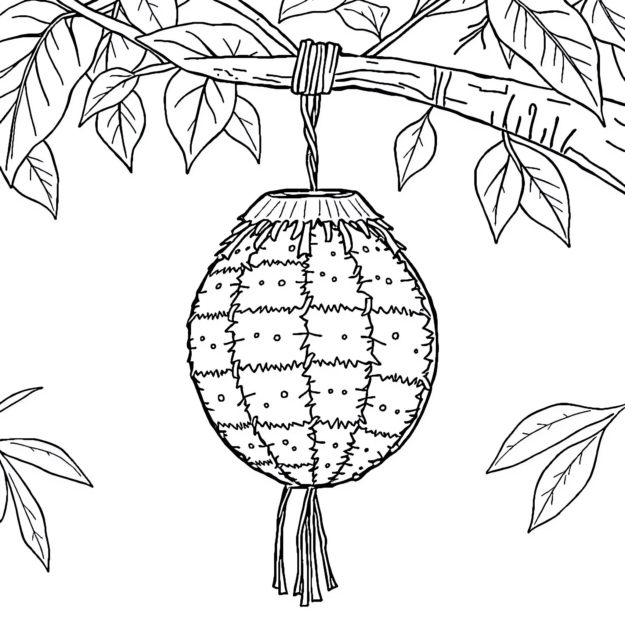 Pinata of intricate design hanging from branch Coloring Page (free black-and-white line drawing printable PDF for all, from beginners to advanced learners, including children, teens, adults, and seniors)