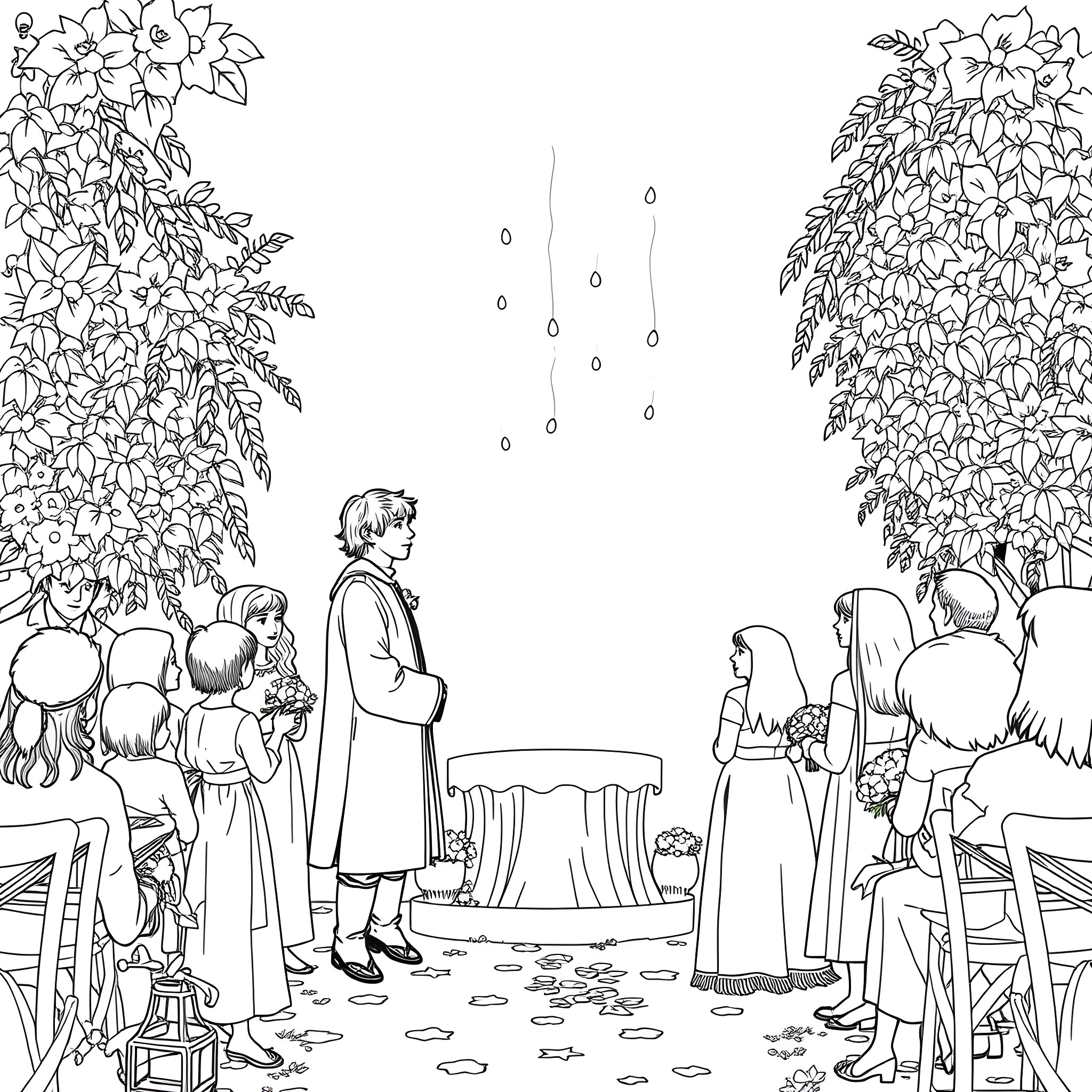 Frodo and the Fellowship in the Enchanted Forest Coloring Page (free black-and-white line drawing printable PDF for all, from beginners to advanced learners, including children, teens, adults, and seniors)