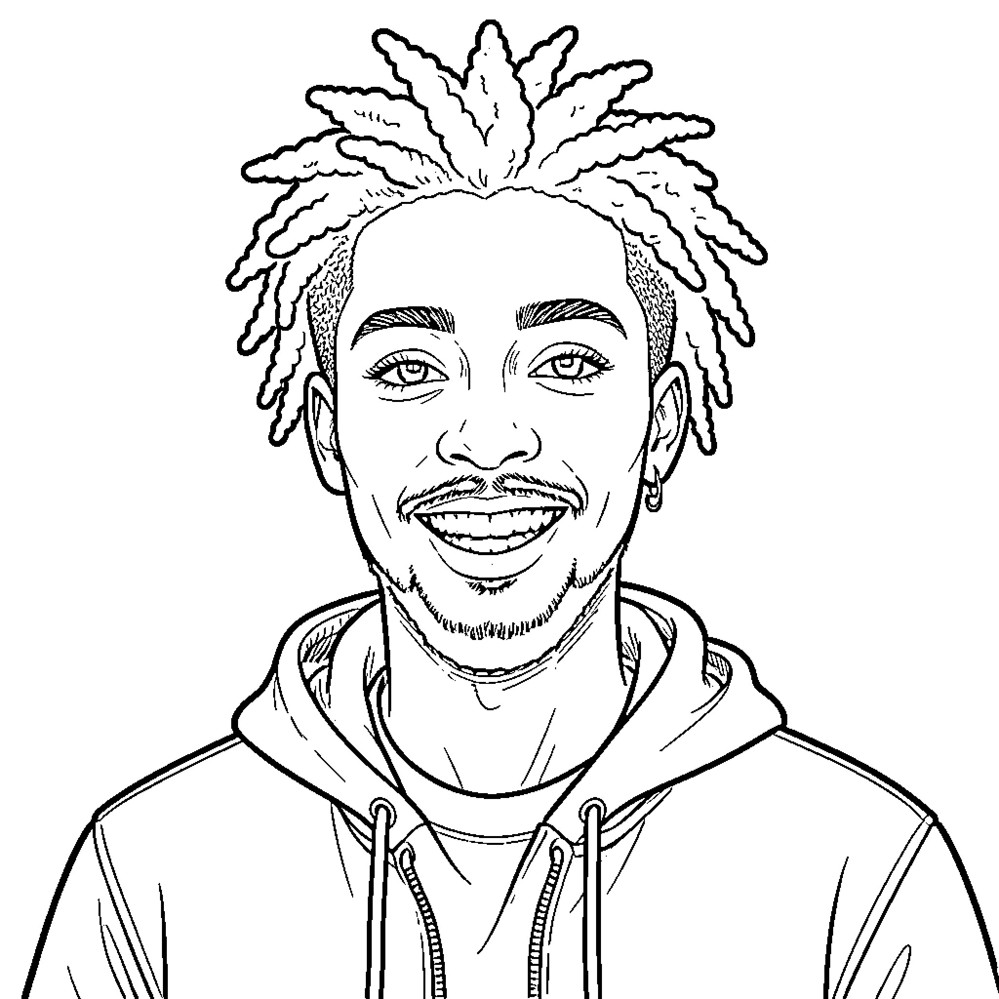 Yamal Lamine smiling broadly while wearing a hoodie Coloring Page (free black-and-white line drawing printable PDF for all, from beginners to advanced learners, including children, teens, adults, and seniors)