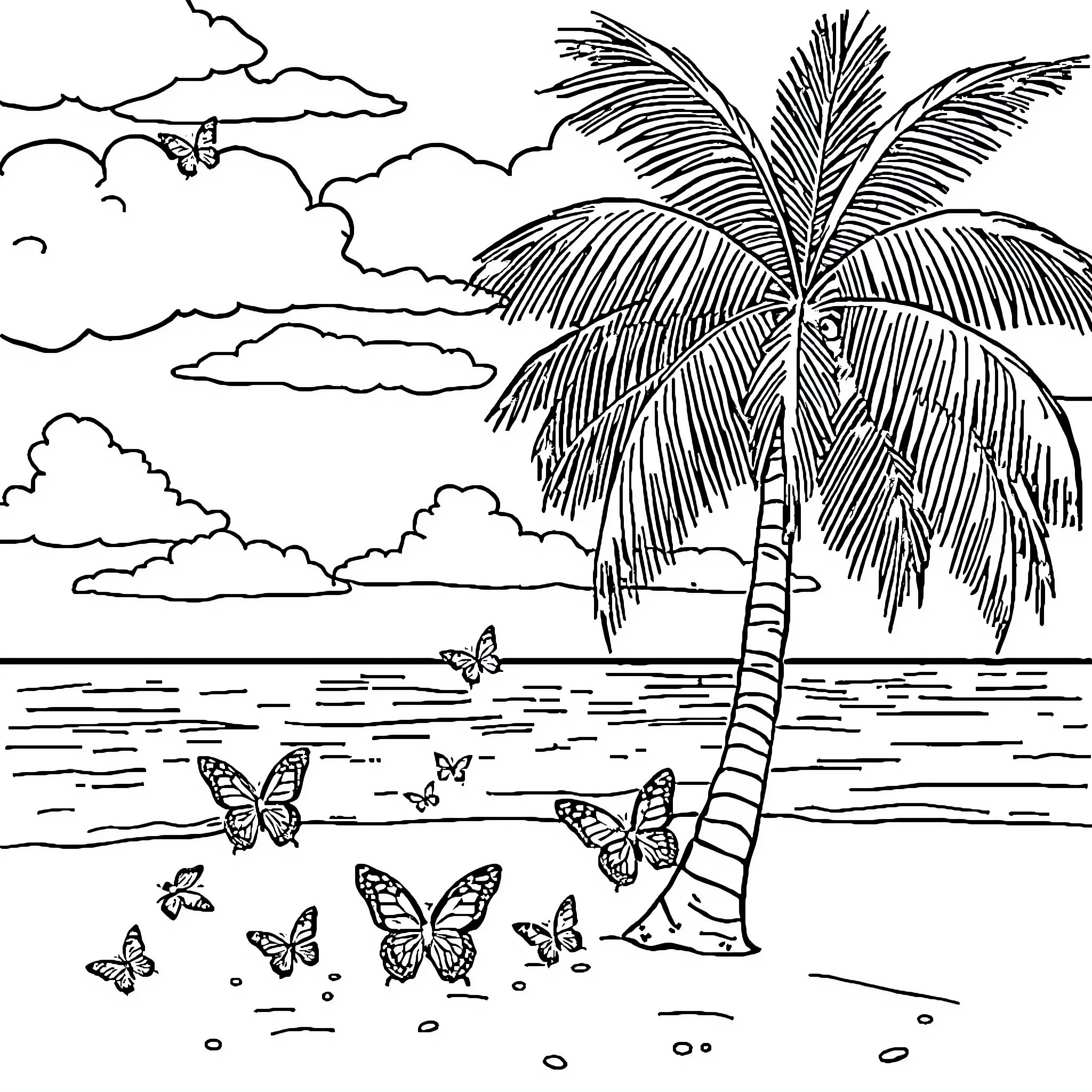 Butterfly scene in tropical paradise Coloring Page (free black-and-white line drawing printable PDF for all, from beginners to advanced learners, including children, teens, adults, and seniors)
