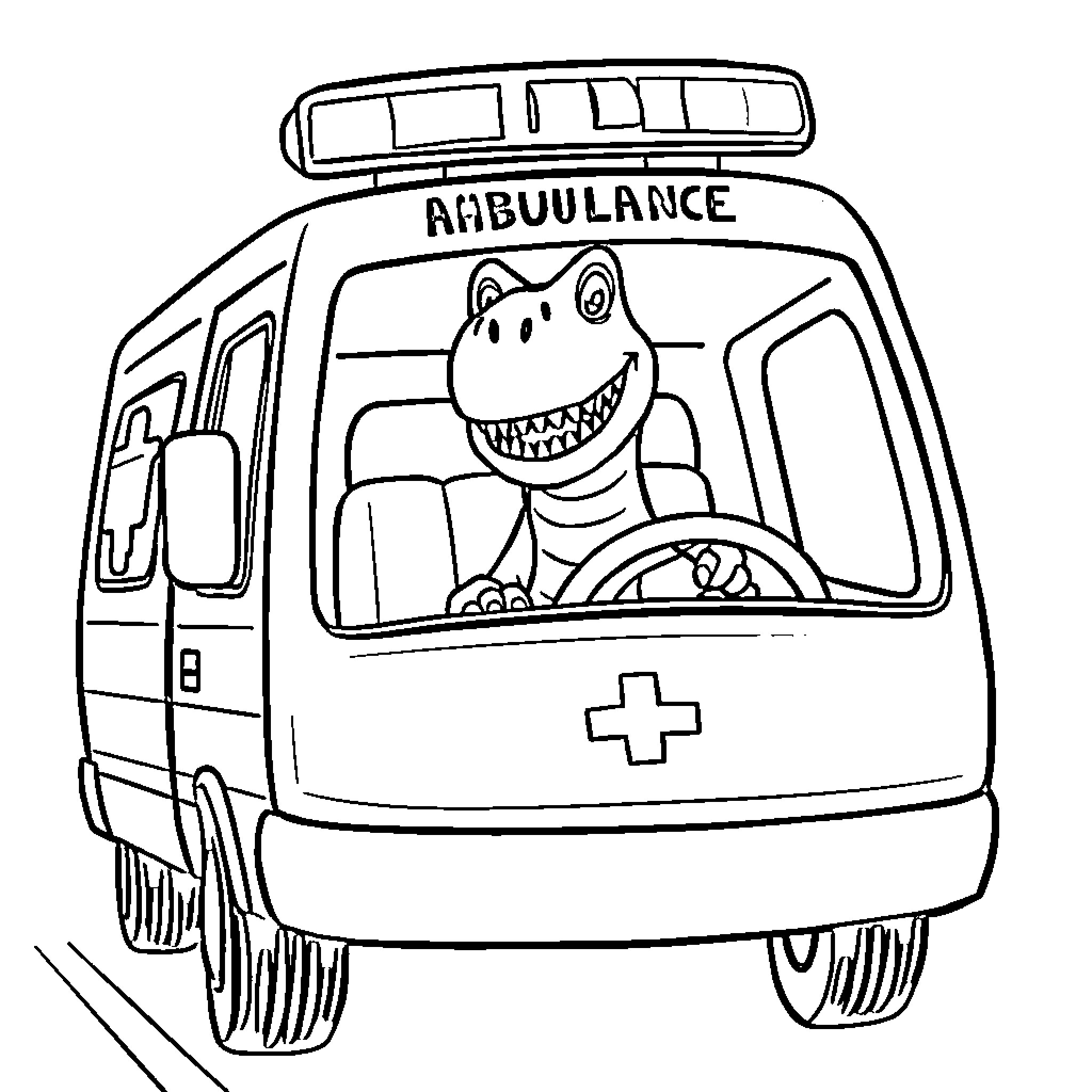 Dinosaur driving an ambulance with a smile Coloring Page (free black-and-white line drawing printable PDF for all, from beginners to advanced learners, including children, teens, adults, and seniors)