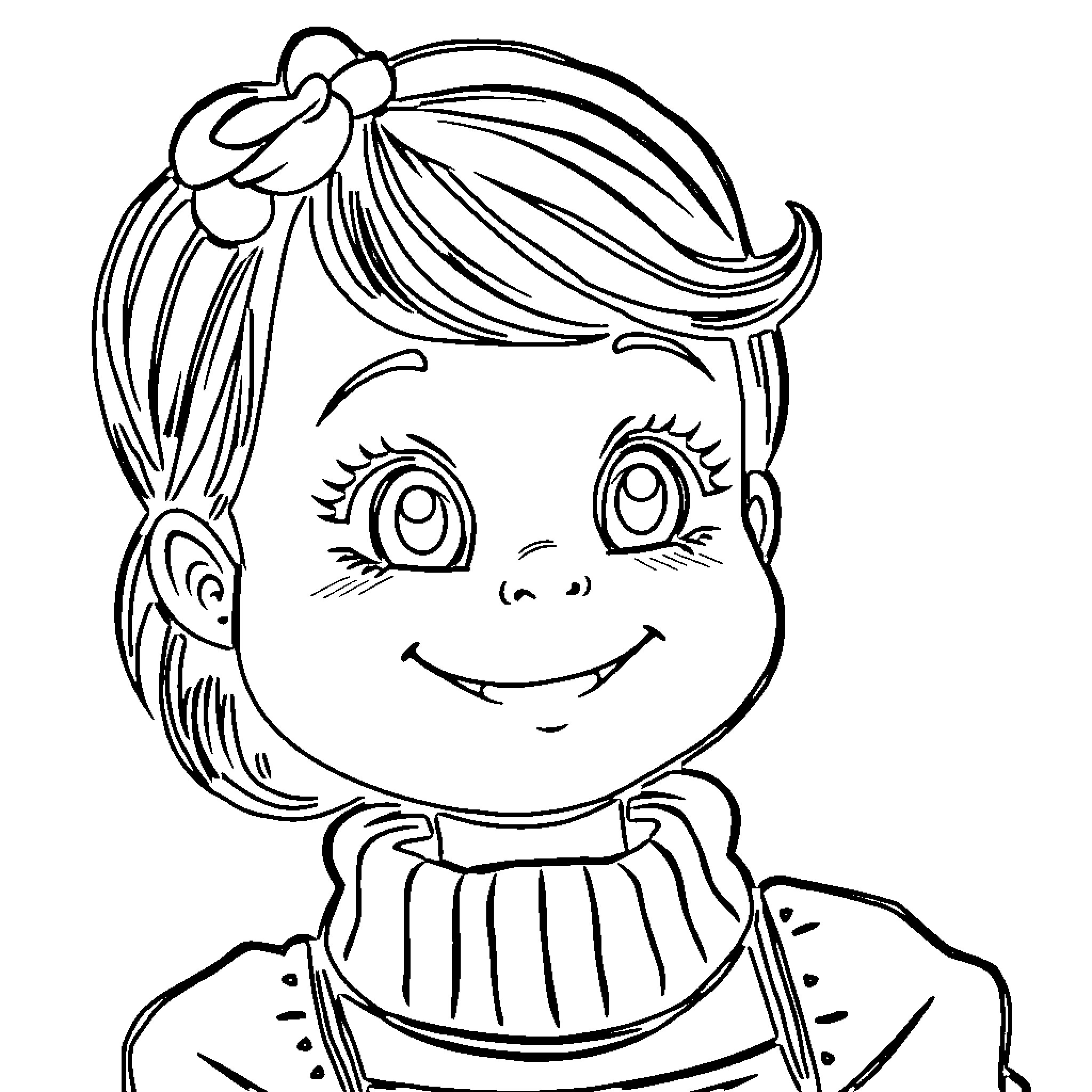 Girl with a Cheerful Expression and Bow Hairband Coloring Page (free black-and-white line drawing printable PDF for all, from beginners to advanced learners, including children, teens, adults, and seniors)