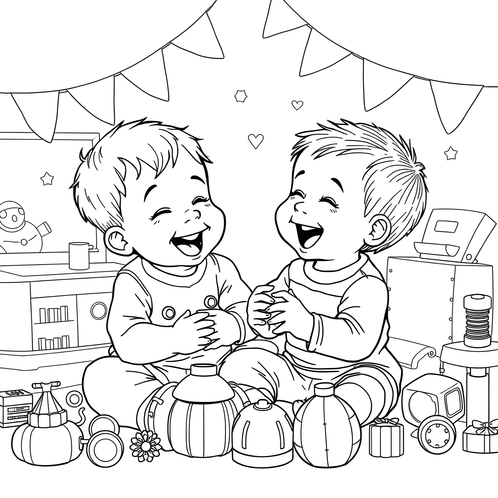 Toddlers playing with toys and smiling happily Coloring Page (free black-and-white line drawing printable PDF for all, from beginners to advanced learners, including children, teens, adults, and seniors)