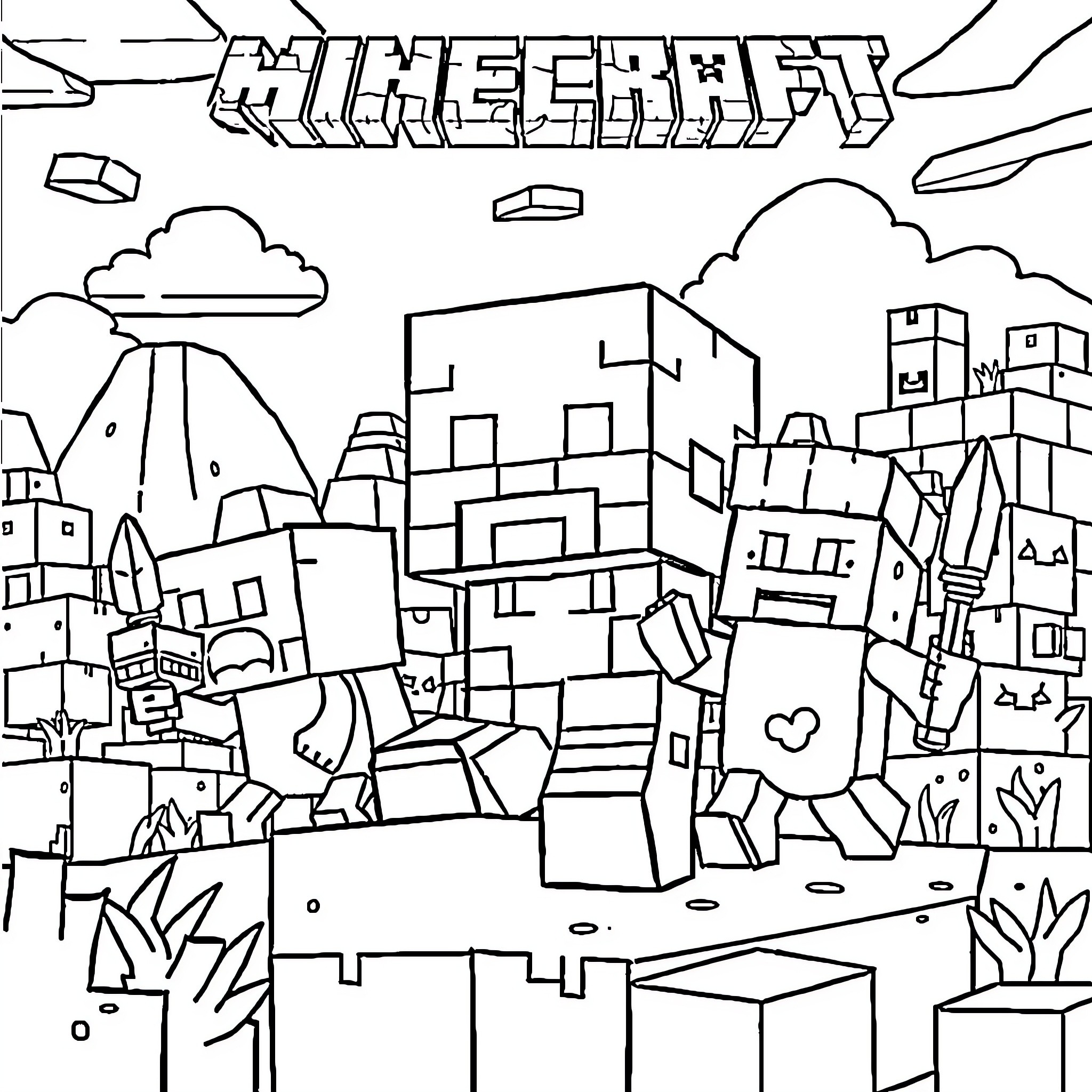 Monster Minecraft characters in the blocky virtual world Coloring Page (free black-and-white line drawing printable PDF for all, from beginners to advanced learners, including children, teens, adults, and seniors)
