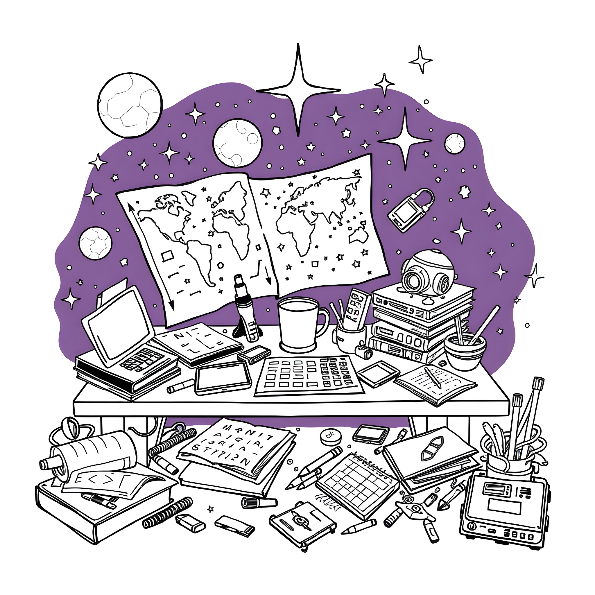 Desk of cosmic office supplies and electronics Coloring Page (free black-and-white line drawing printable PDF for all, from beginners to advanced learners, including children, teens, adults, and seniors)