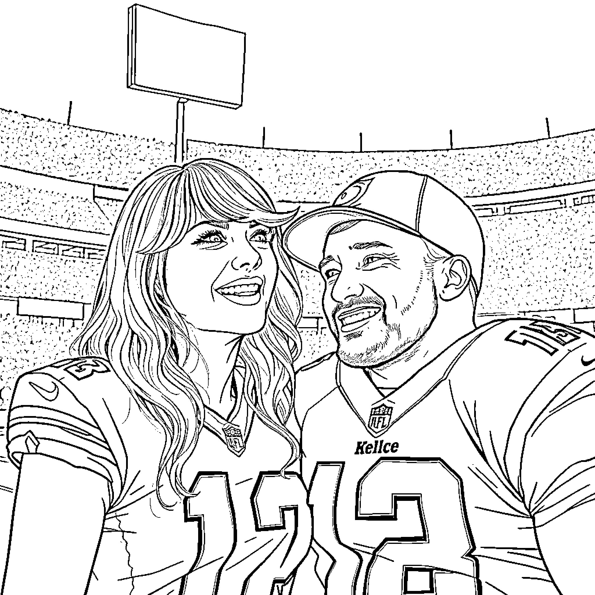 Taylor Swift Cheers on Football Player in Stadium Coloring Page (free black-and-white line drawing printable PDF for all, from beginners to advanced learners, including children, teens, adults, and seniors)