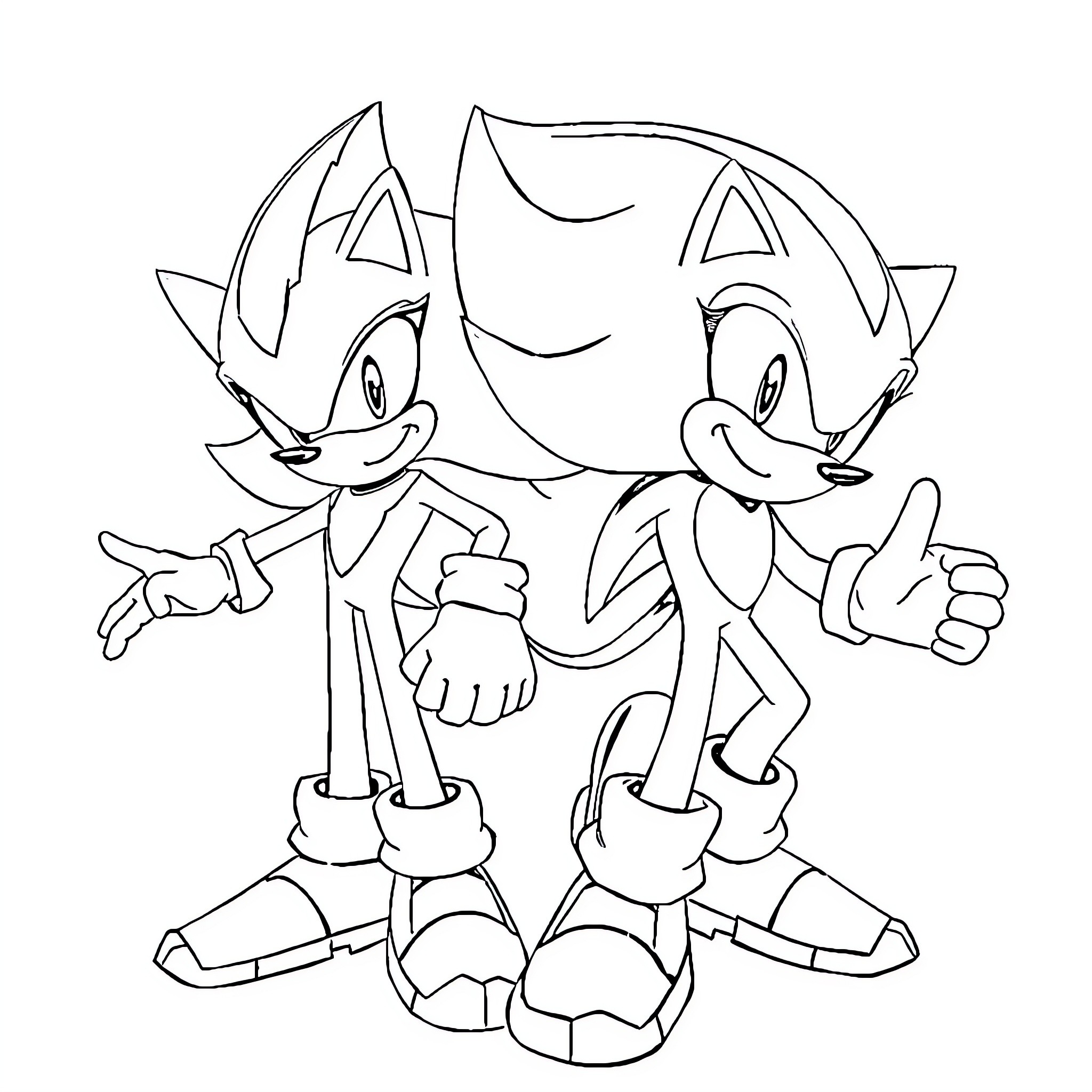 Sonic characters in playful poses Coloring Page (free black-and-white line drawing printable PDF for all, from beginners to advanced learners, including children, teens, adults, and seniors)