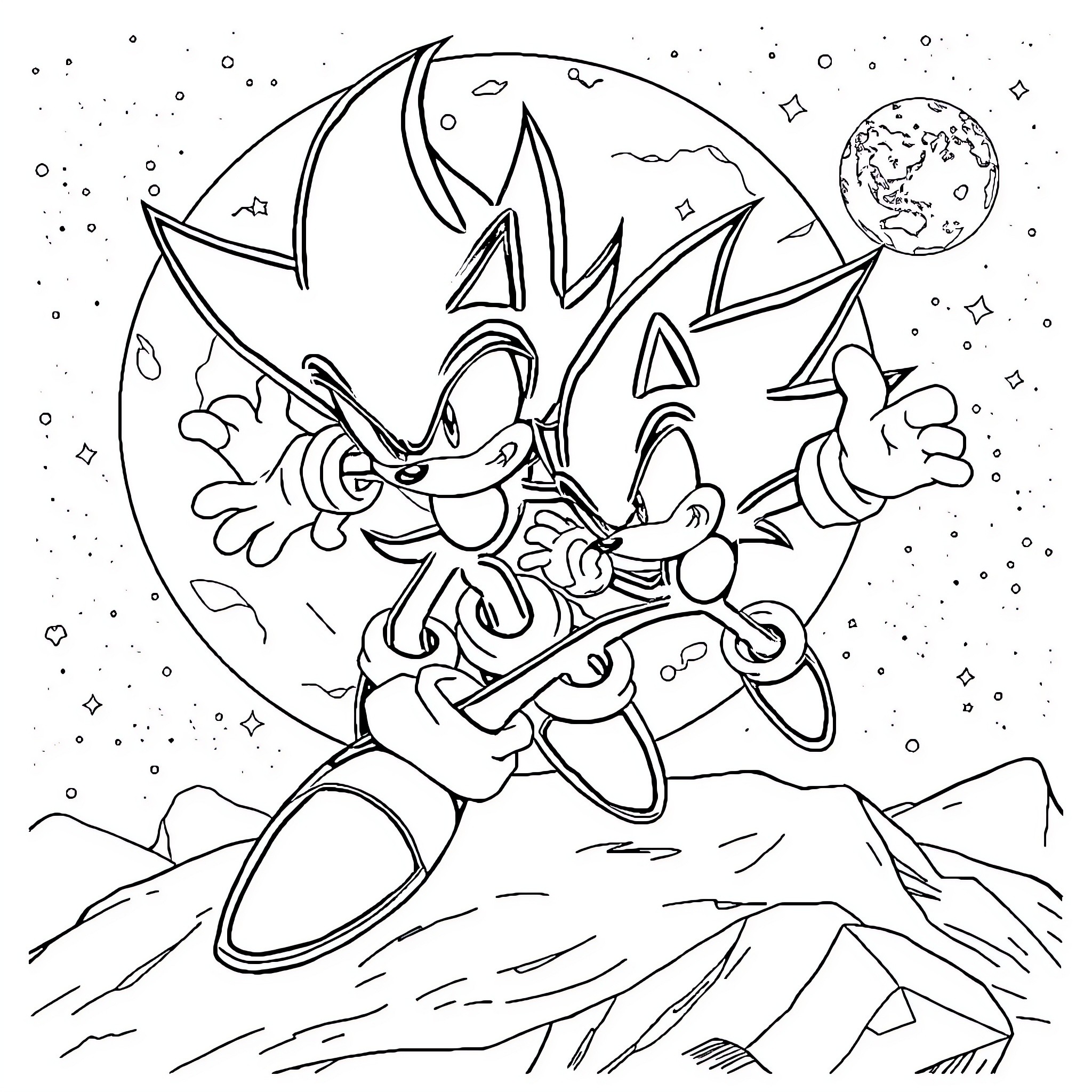 Sonic on a wild space adventure Coloring Page (free black-and-white line drawing printable PDF for all, from beginners to advanced learners, including children, teens, adults, and seniors)