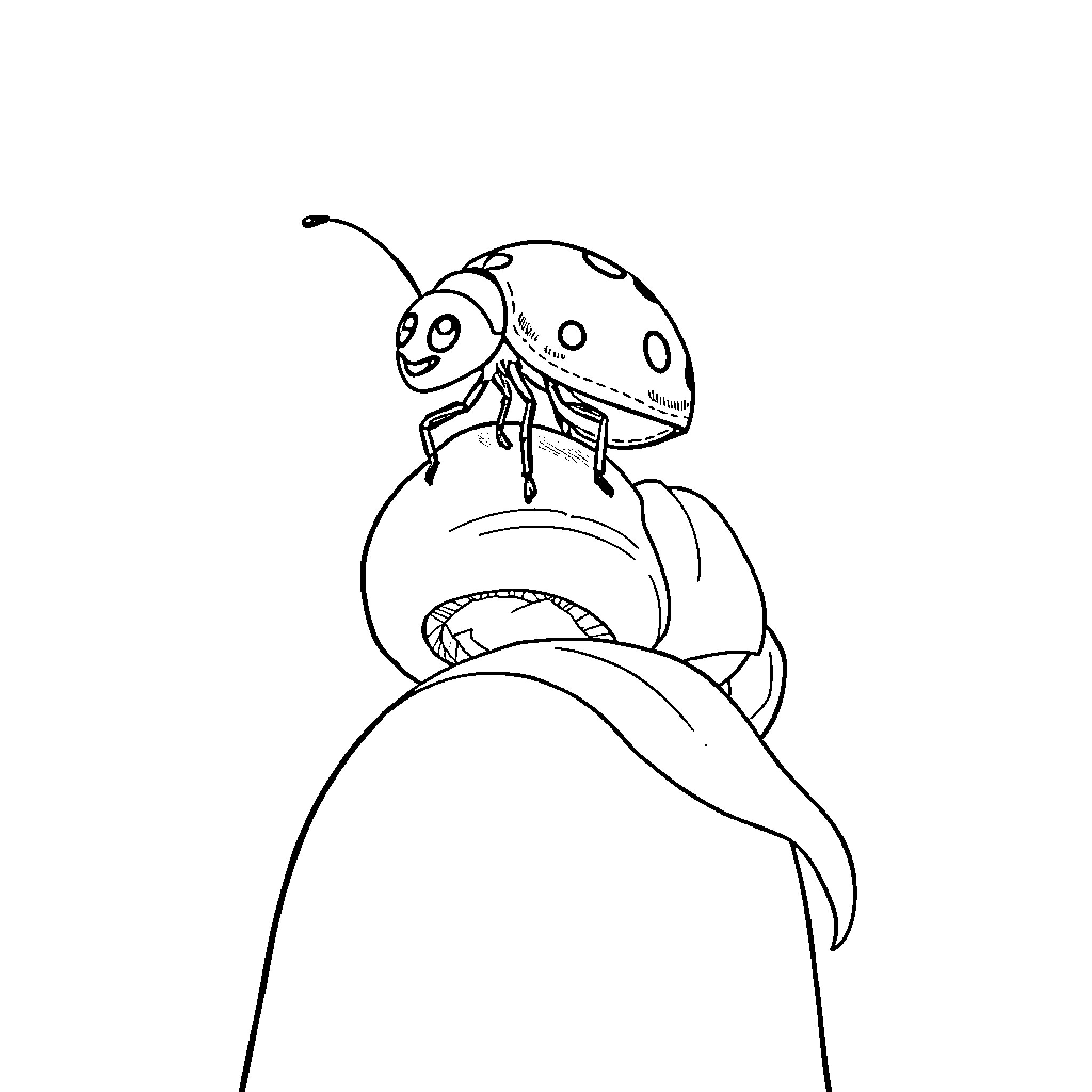 Ladybug riding a mushroom happily Coloring Page (free black-and-white line drawing printable PDF for all, from beginners to advanced learners, including children, teens, adults, and seniors)