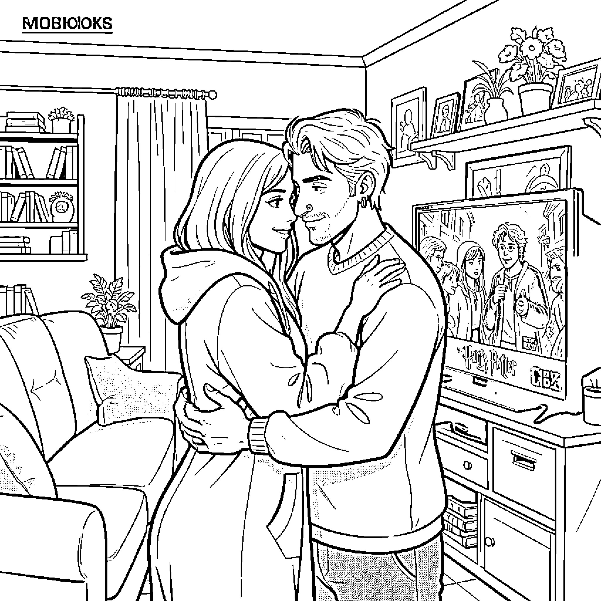 Man and Woman Embracing in Cozy Home Setting Coloring Page (free black-and-white line drawing printable PDF for all, from beginners to advanced learners, including children, teens, adults, and seniors)