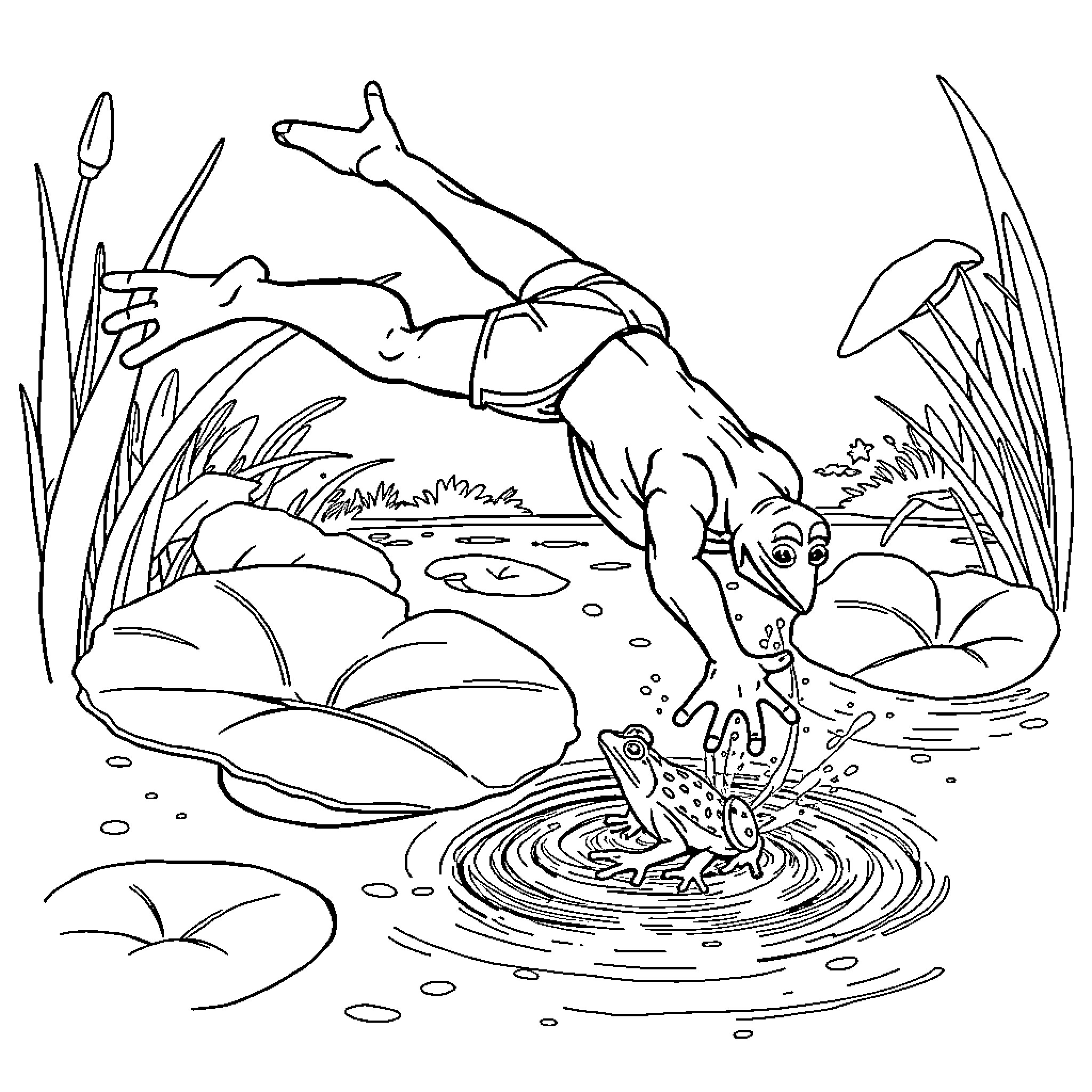 Frog leaping among lily pads and water ripples Coloring Page (free black-and-white line drawing printable PDF for all, from beginners to advanced learners, including children, teens, adults, and seniors)