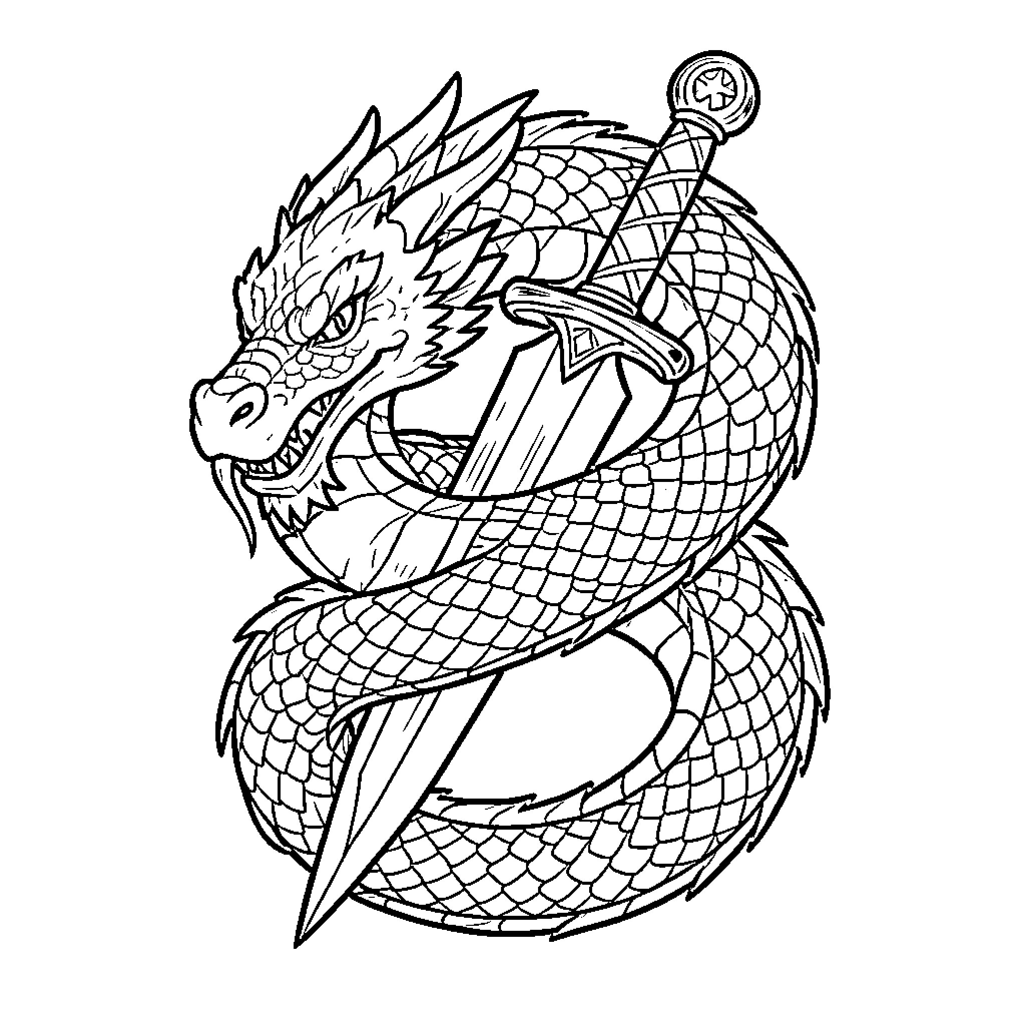 Dragon Coiled Around Sword with Moon Symbol Coloring Page (free black-and-white line drawing printable PDF for all, from beginners to advanced learners, including children, teens, adults, and seniors)