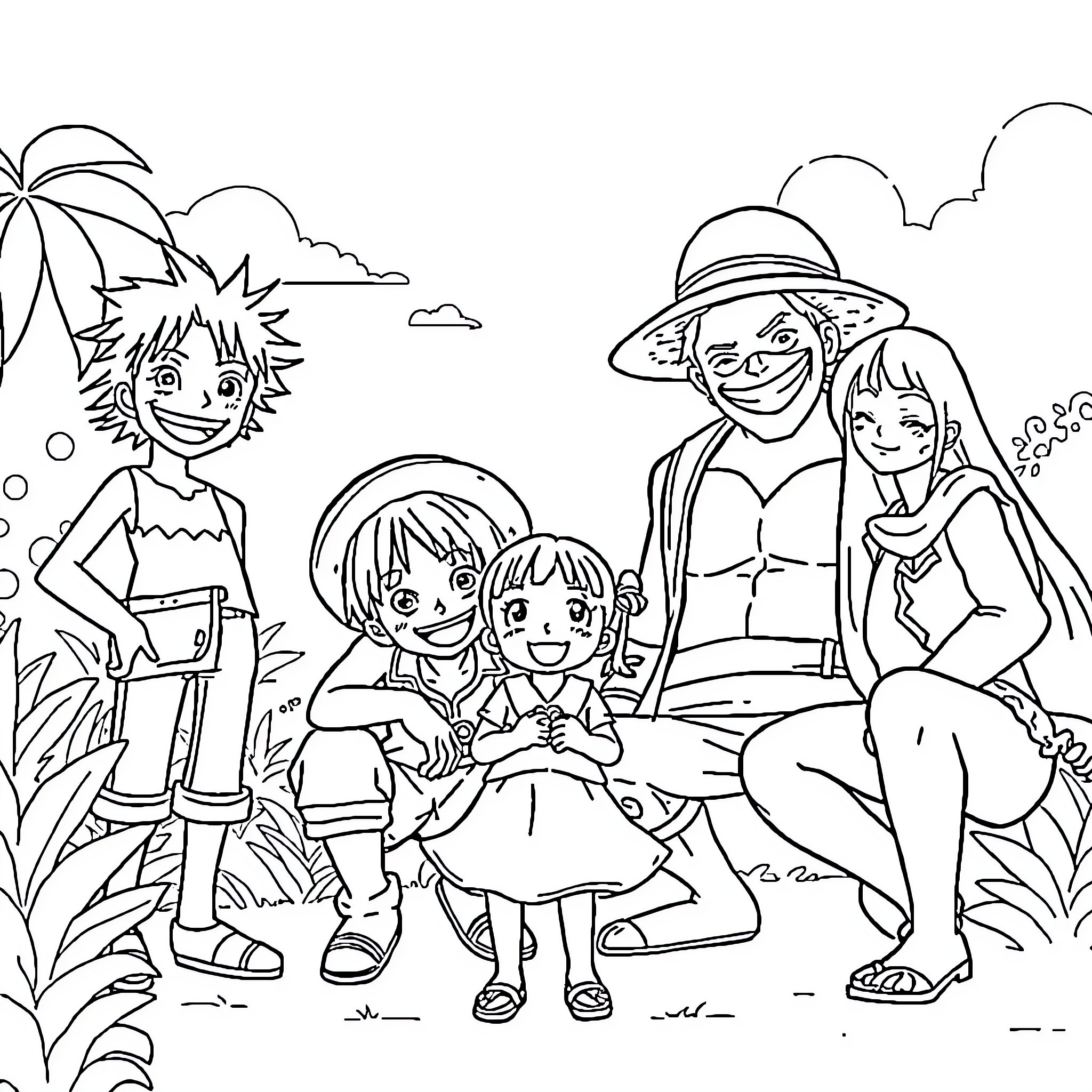 One Piece: Luffy and Friends Enjoying a Beach Adventure Coloring Page (free black-and-white line drawing printable PDF for all, from beginners to advanced learners, including children, teens, adults, and seniors)