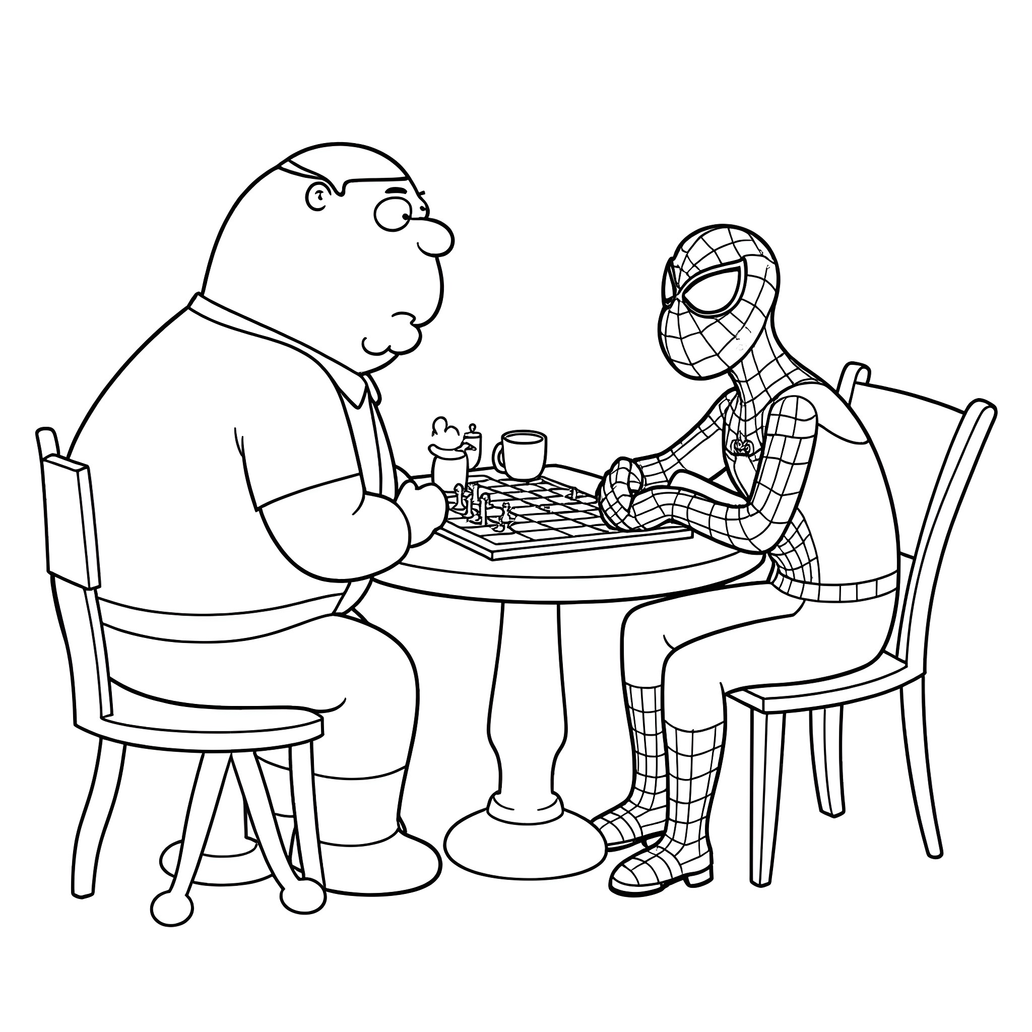 Peter enjoying a chess game with Spiderman Coloring Page (free black-and-white line drawing printable PDF for all, from beginners to advanced learners, including children, teens, adults, and seniors)