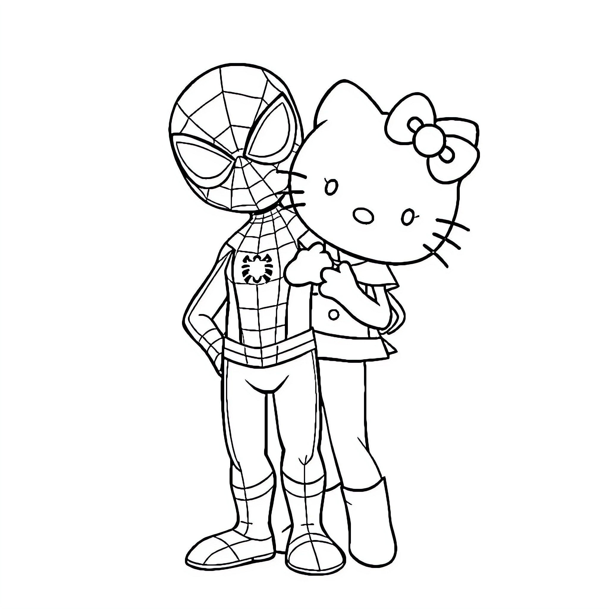 Spider-Man Meets Hello Kitty in Costume Coloring Page (free black-and-white line drawing printable PDF for all, from beginners to advanced learners, including children, teens, adults, and seniors)