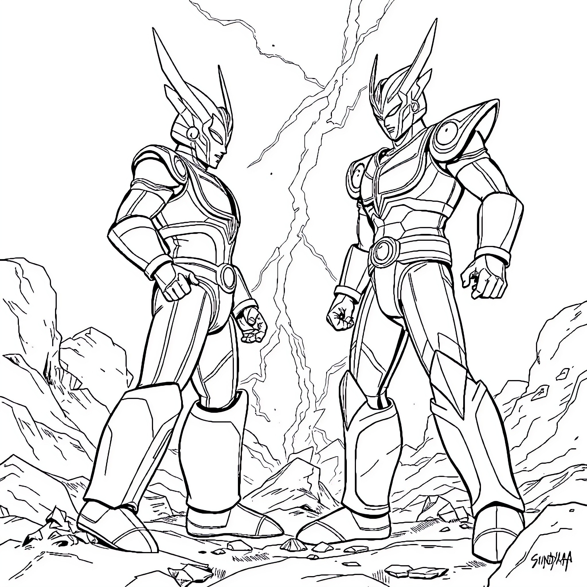 Ultramen heroes in fierce battle stance Coloring Page (free black-and-white line drawing printable PDF for all, from beginners to advanced learners, including children, teens, adults, and seniors)
