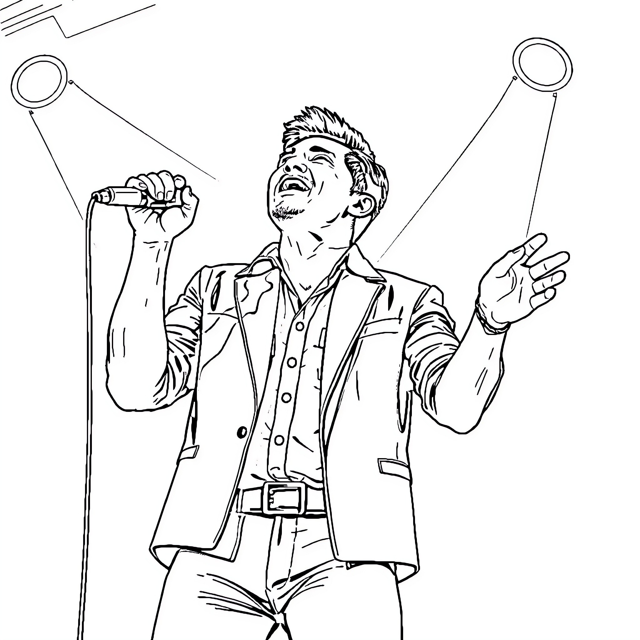 JC Reyes performing energetically on stage Coloring Page (free black-and-white line drawing printable PDF for all, from beginners to advanced learners, including children, teens, adults, and seniors)