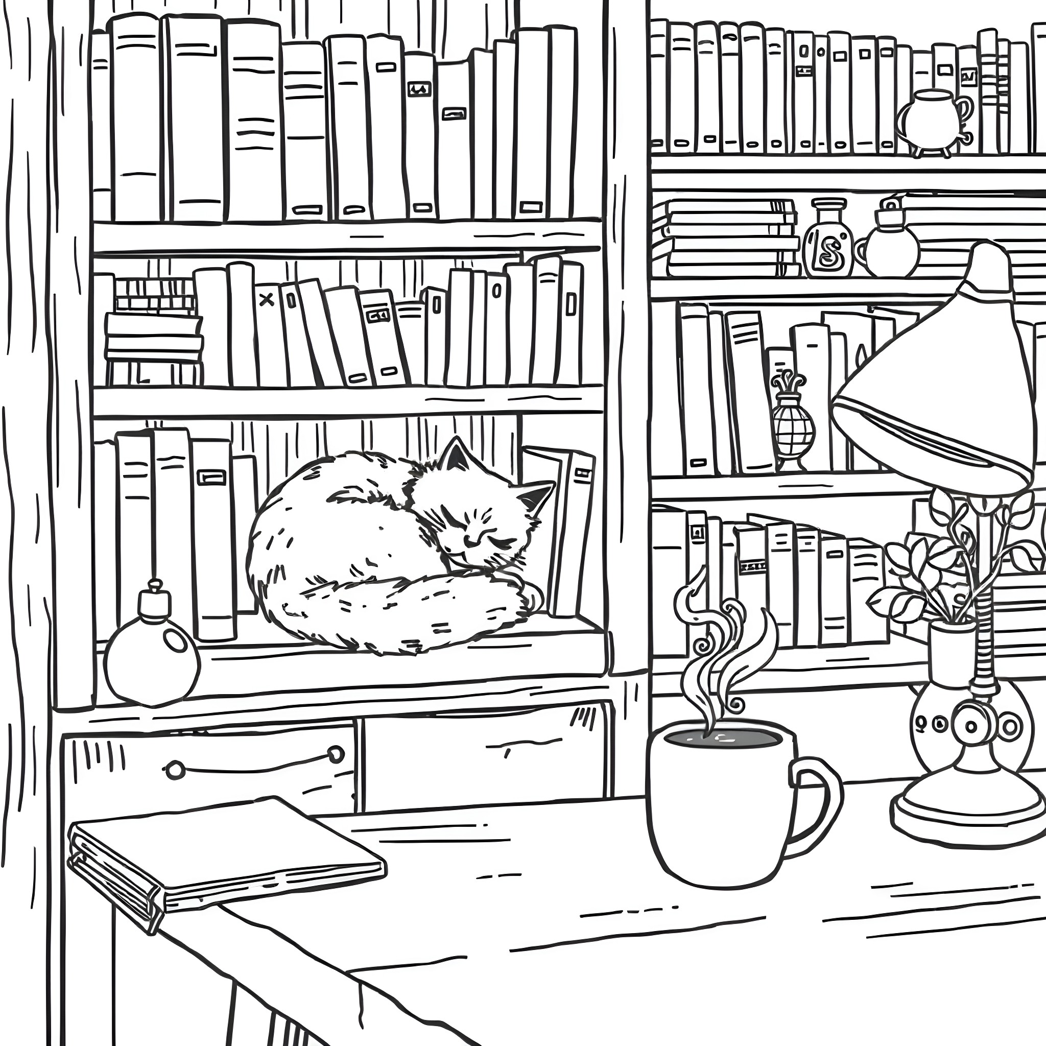 Cat Sleeping Peacefully in a Cozy Bookshelf Coloring Page (free black-and-white line drawing printable PDF for all, from beginners to advanced learners, including children, teens, adults, and seniors)