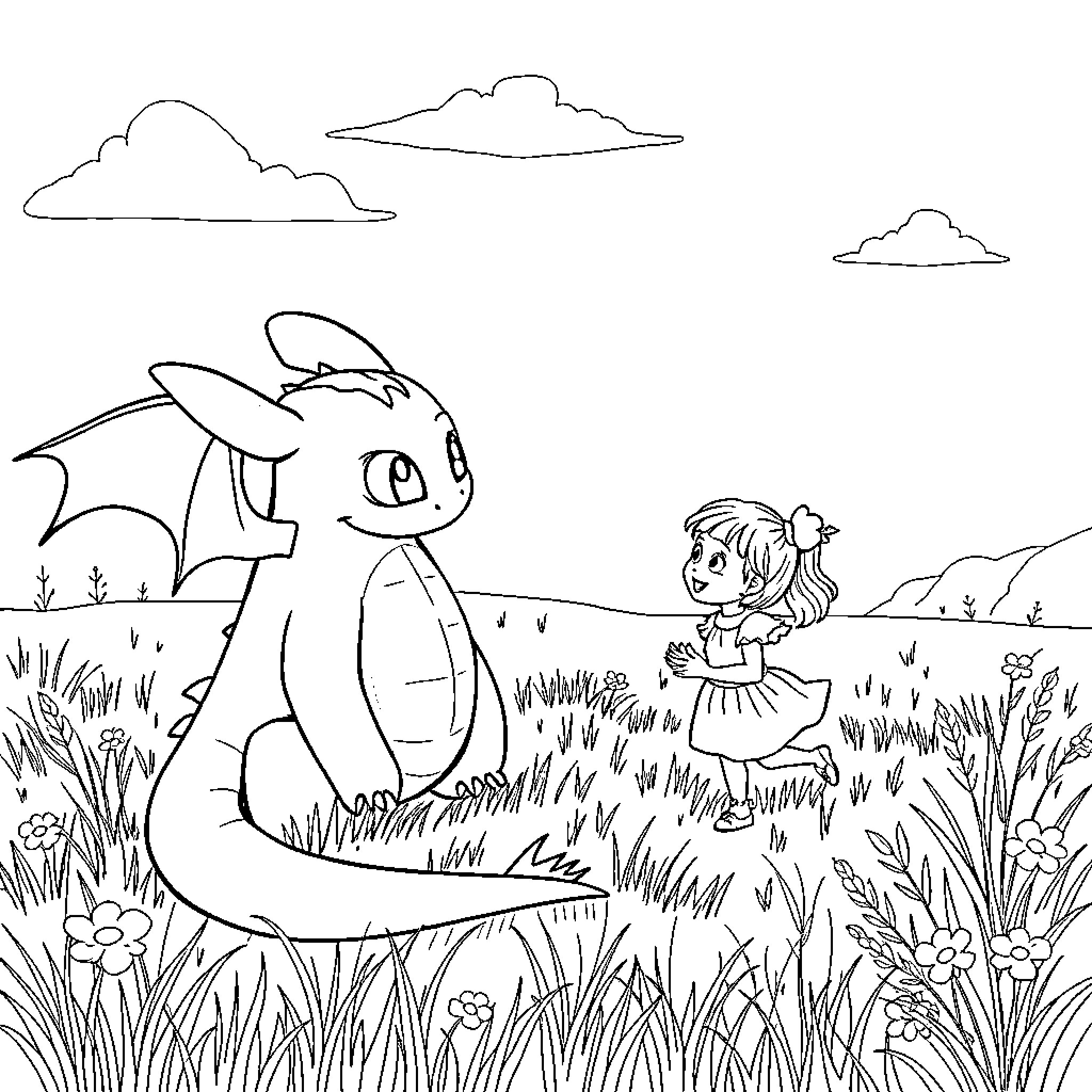 Toothless dragon and girl exploring the meadow Coloring Page (free black-and-white line drawing printable PDF for all, from beginners to advanced learners, including children, teens, adults, and seniors)